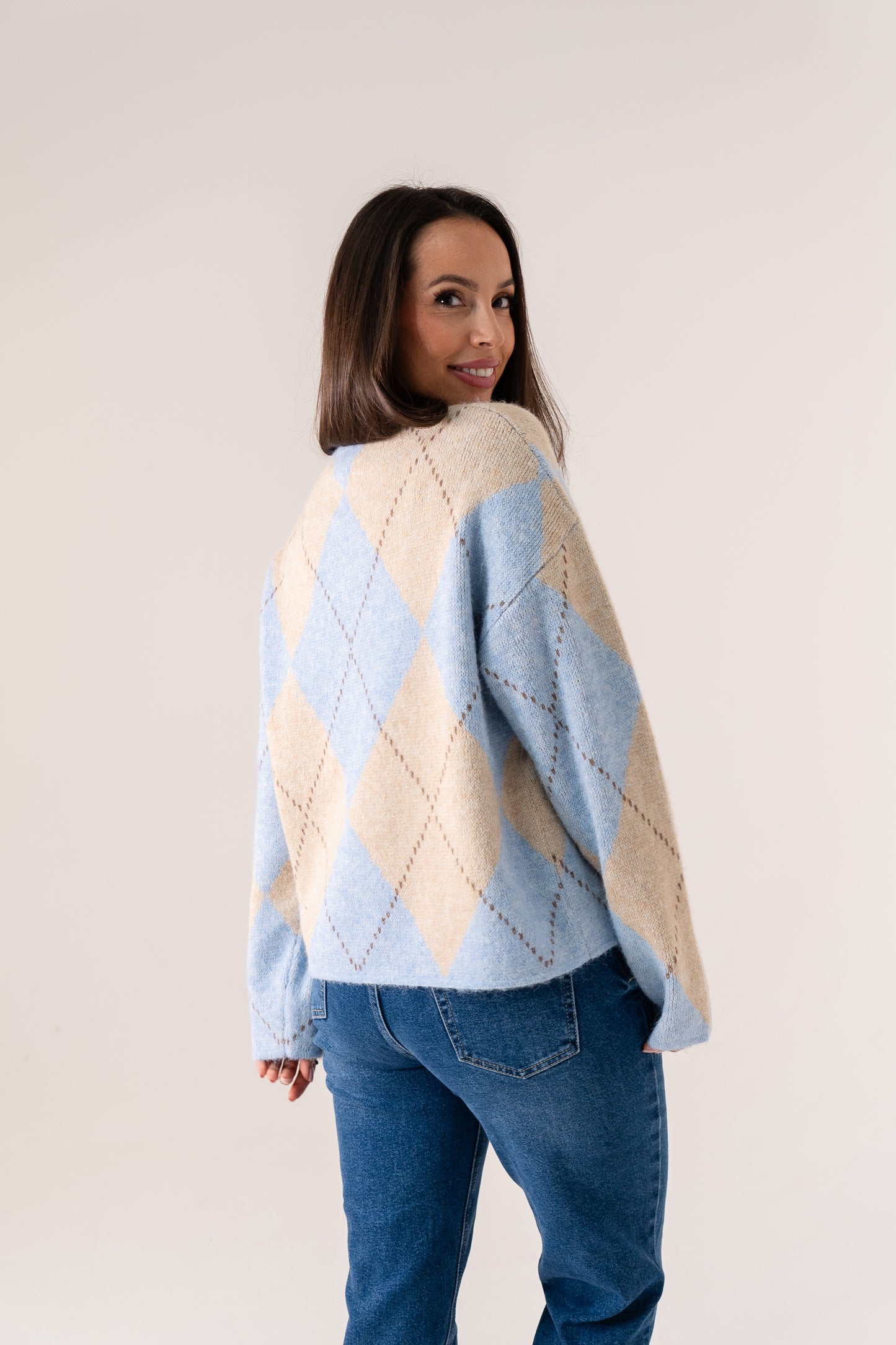 Ella Diamond Knit Jumper In Sky Blue Mix