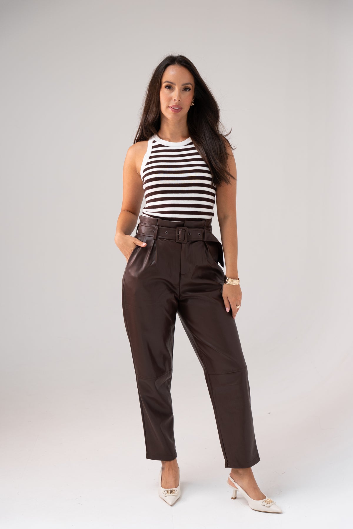 Ella Faux Leather Trousers In Chocolate