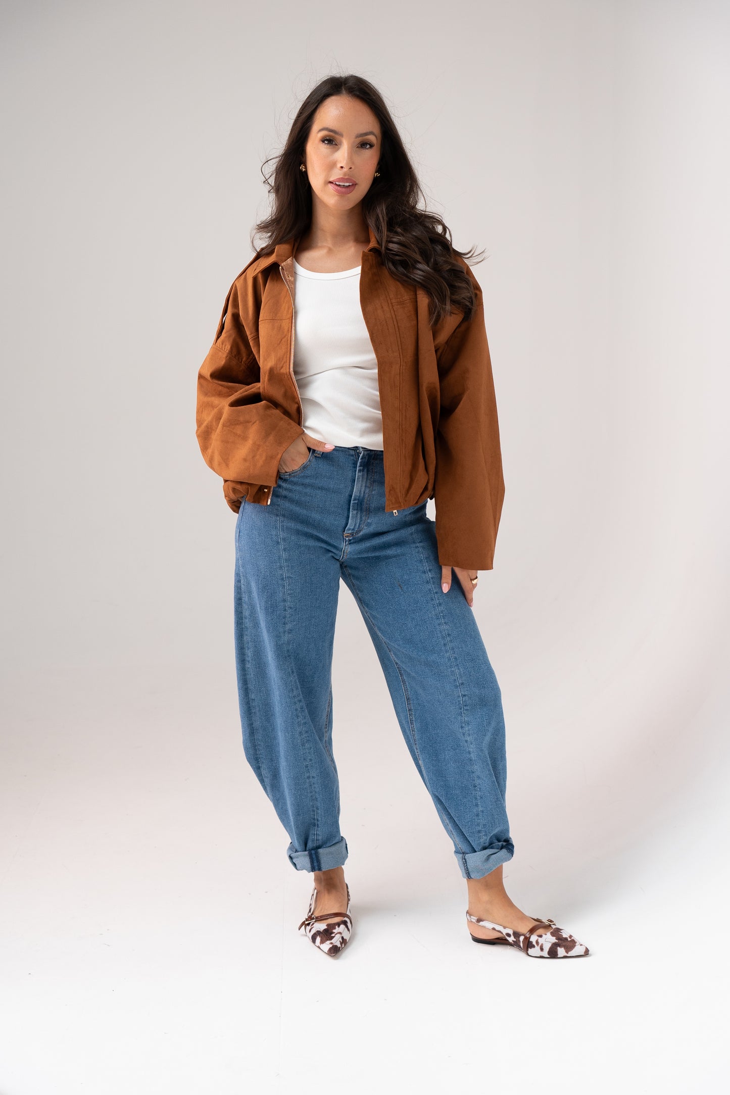 Ella Faux Suede Bomber Jacket In Camel