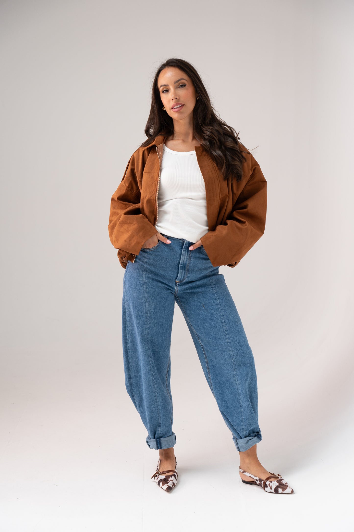 Ella Faux Suede Bomber Jacket In Camel