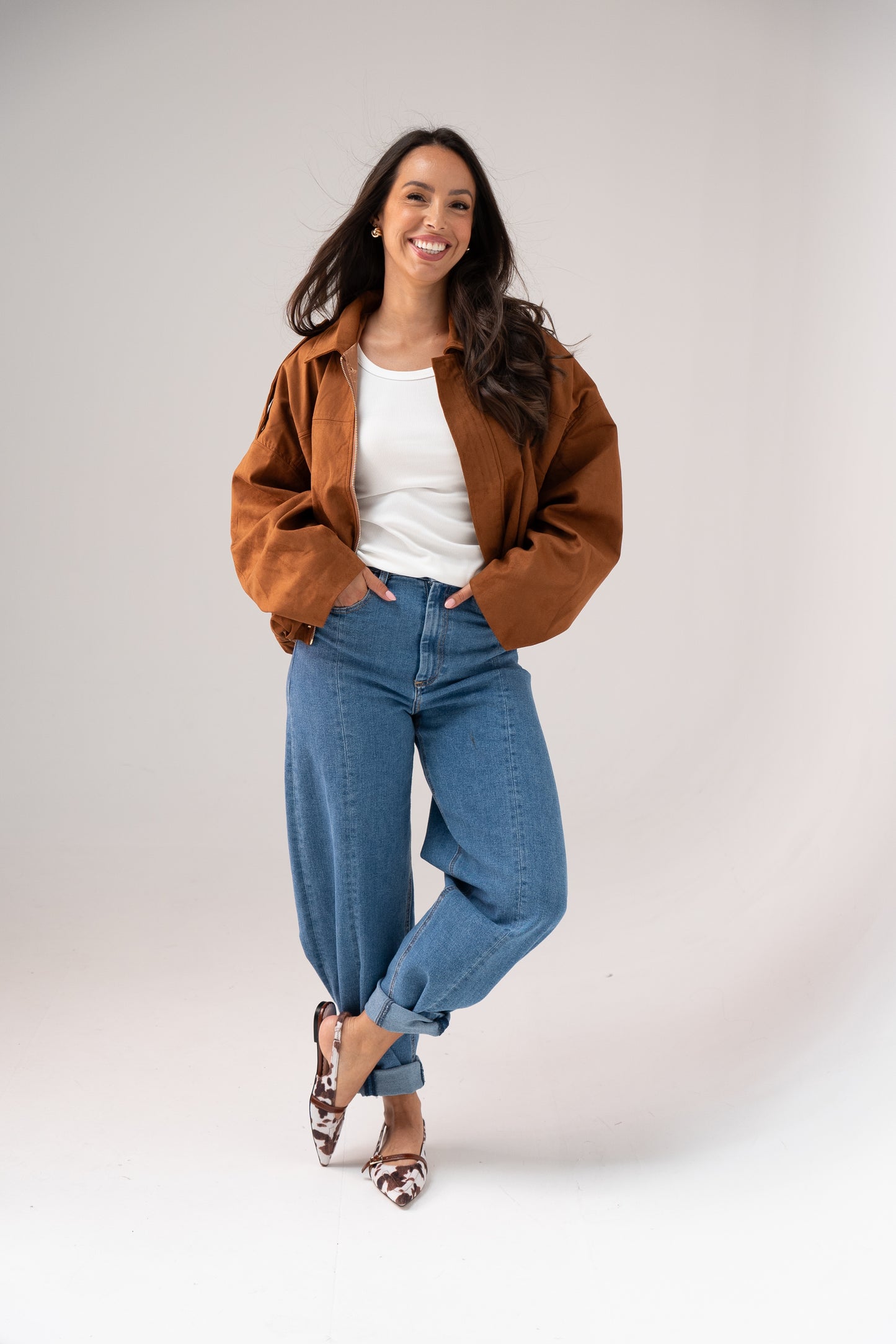 Ella Faux Suede Bomber Jacket In Camel