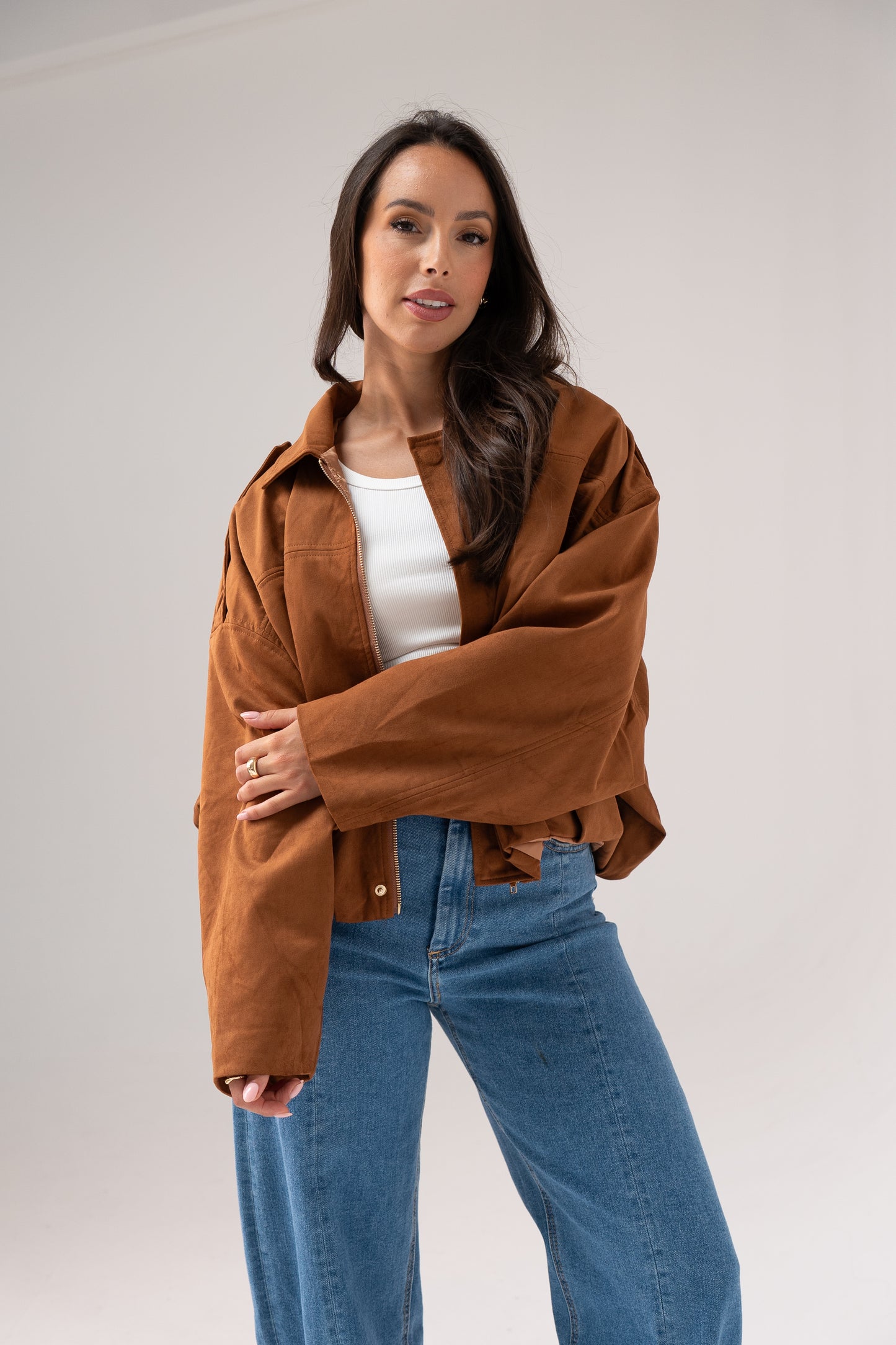 Ella Faux Suede Bomber Jacket In Camel