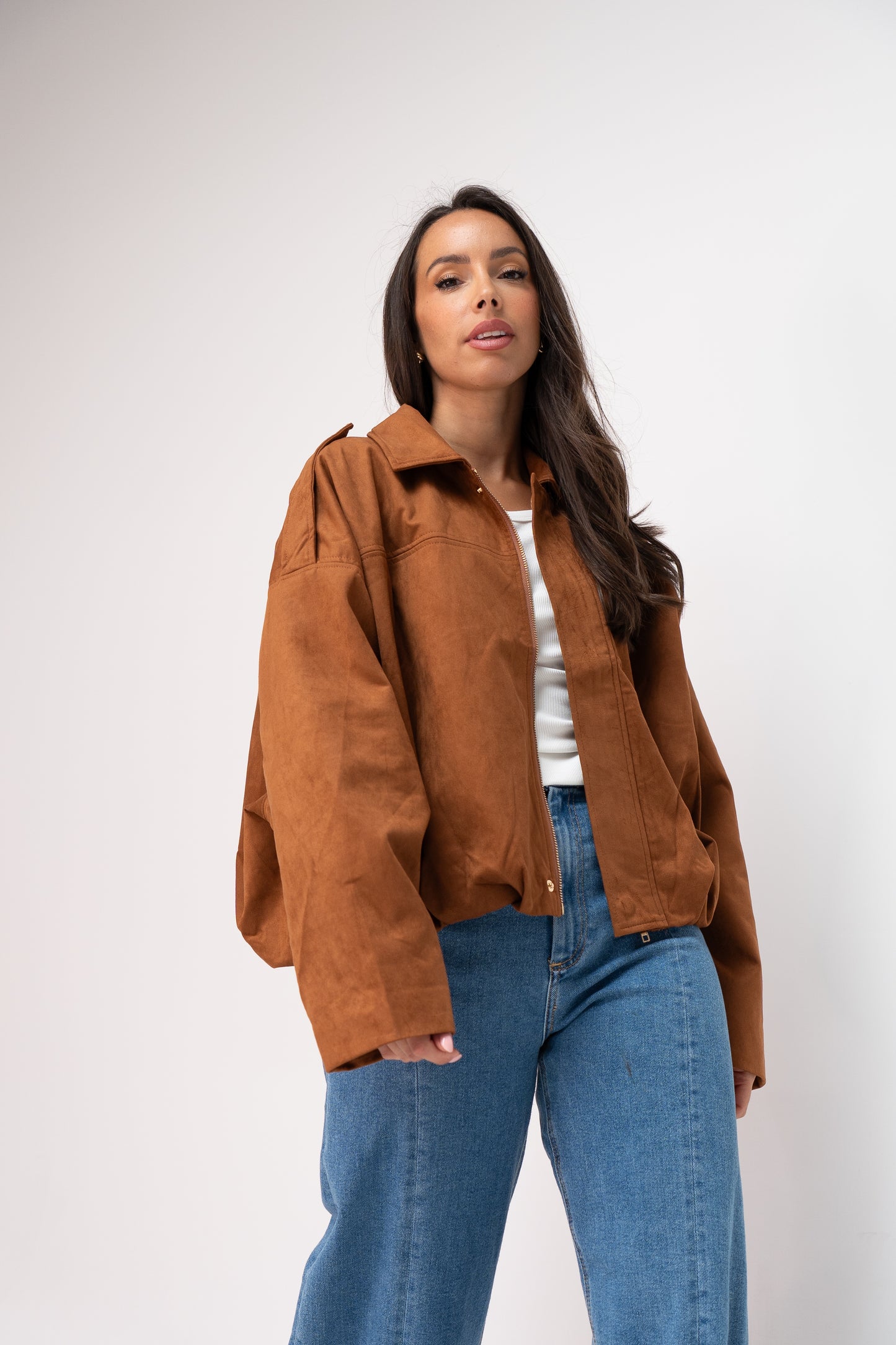 Ella Faux Suede Bomber Jacket In Camel