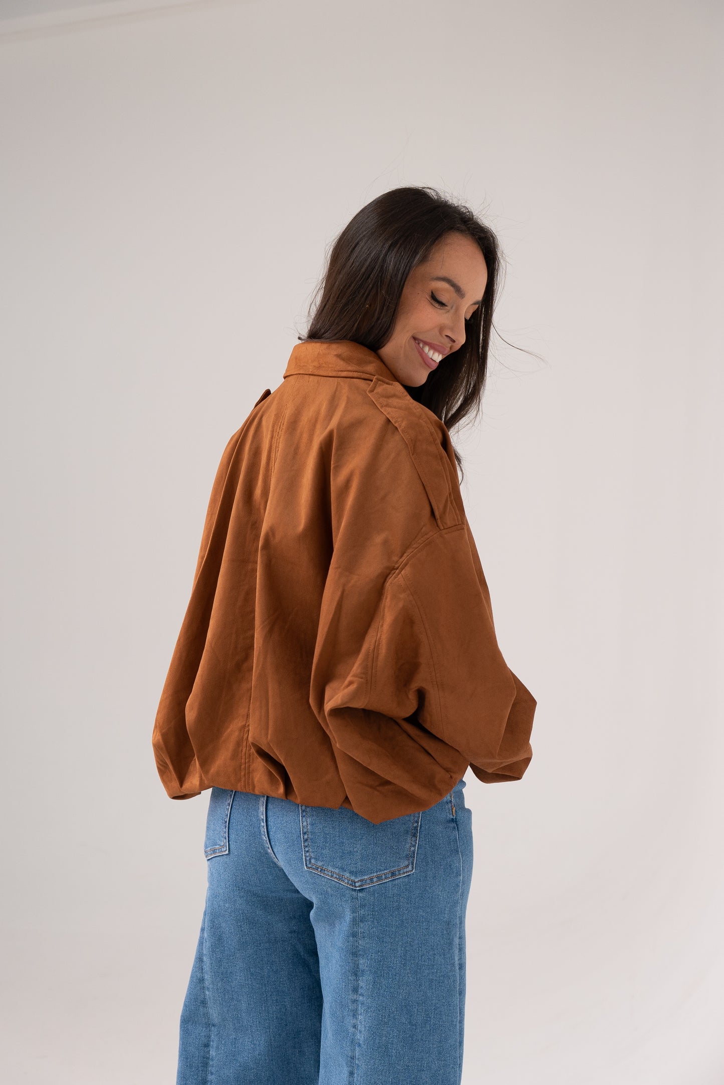 Ella Faux Suede Bomber Jacket In Camel