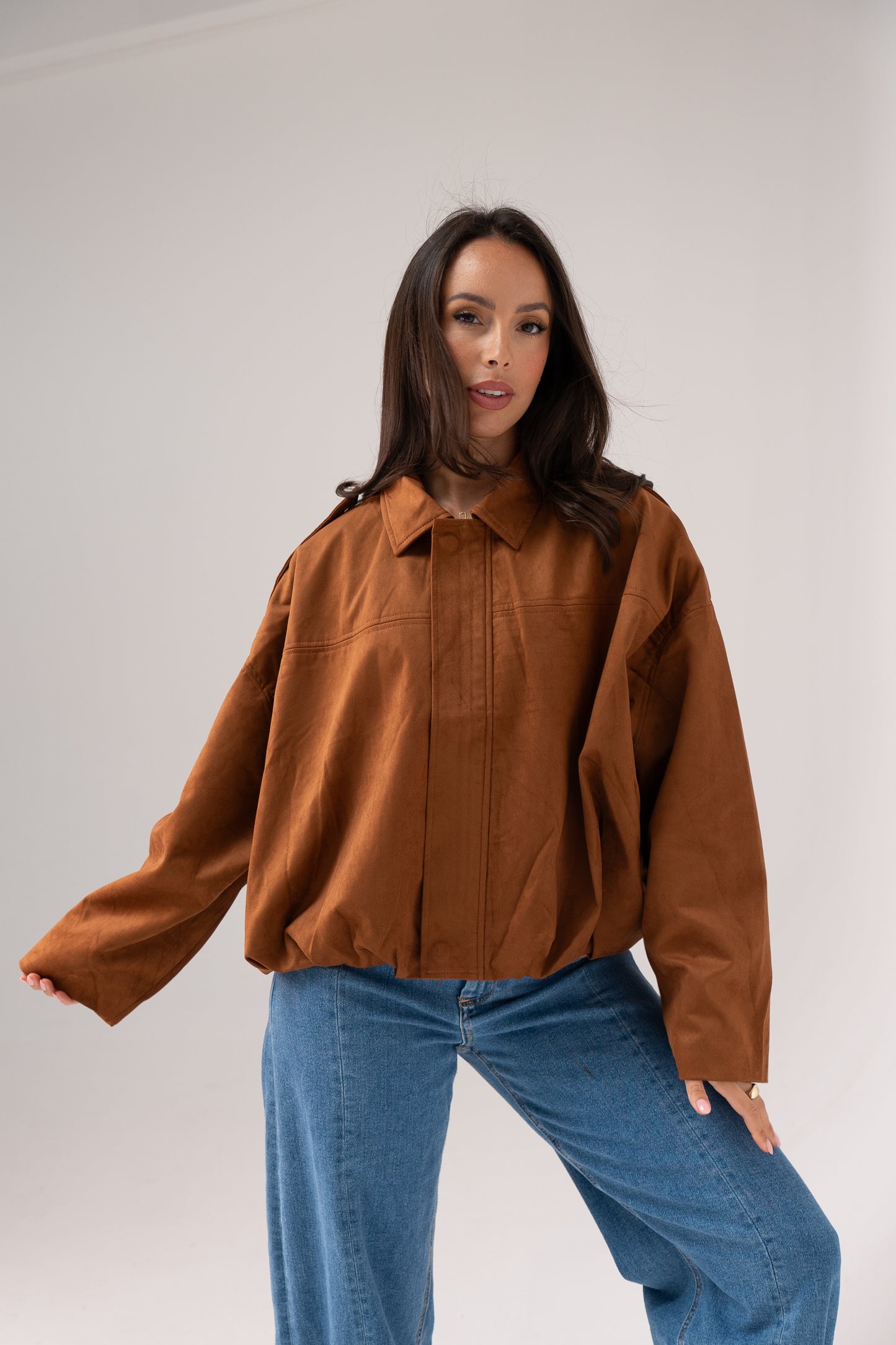 Ella Faux Suede Bomber Jacket In Camel