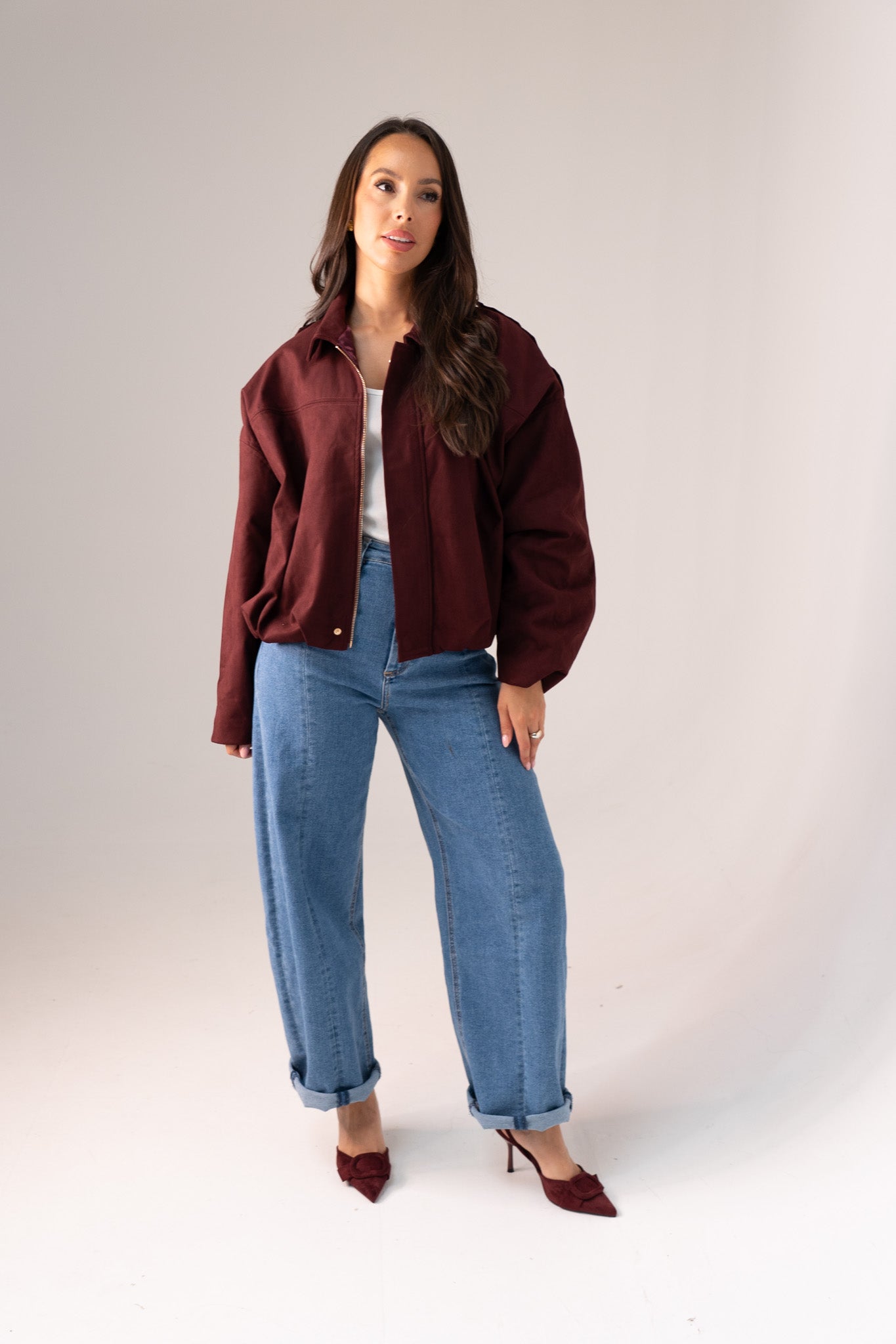 Ella Faux Suede Bomber Jacket In Burgundy