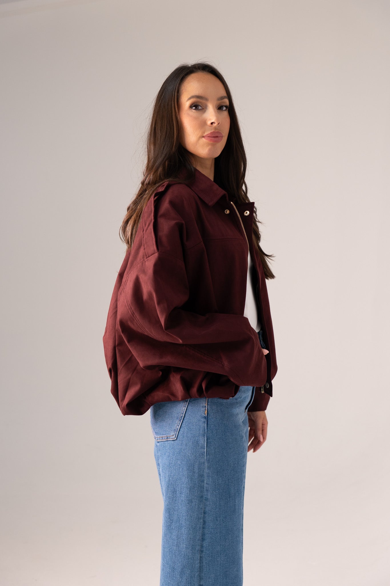Ella Faux Suede Bomber Jacket In Burgundy