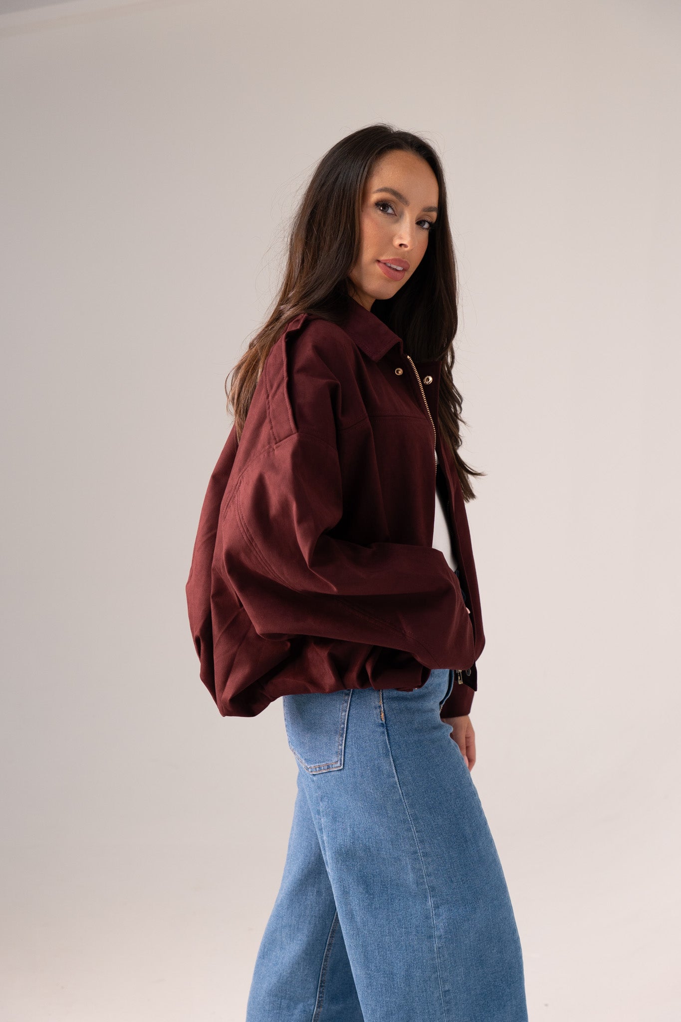 Ella Faux Suede Bomber Jacket In Burgundy