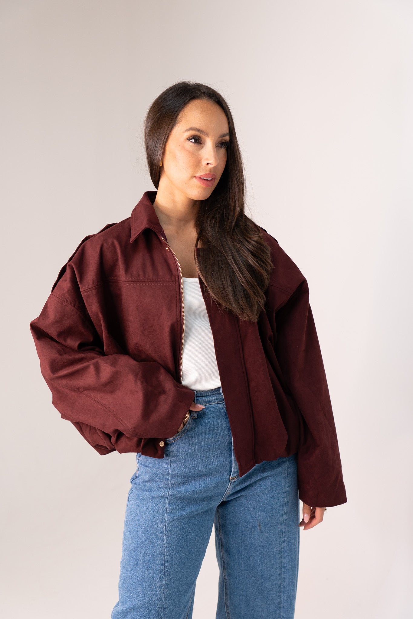 Ella Faux Suede Bomber Jacket In Burgundy