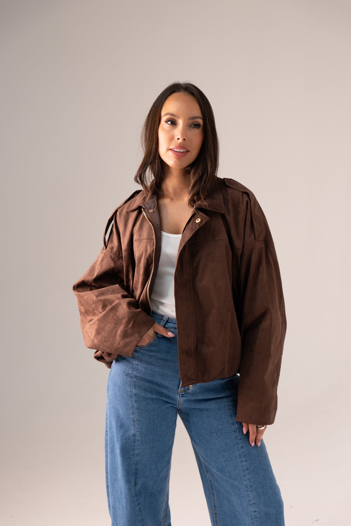 Ella Faux Suede Bomber Jacket In Chocolate
