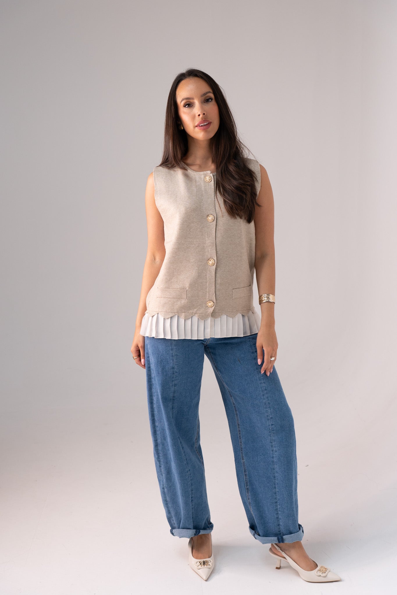 Ella Pleat Trim Waistcoat In Beige