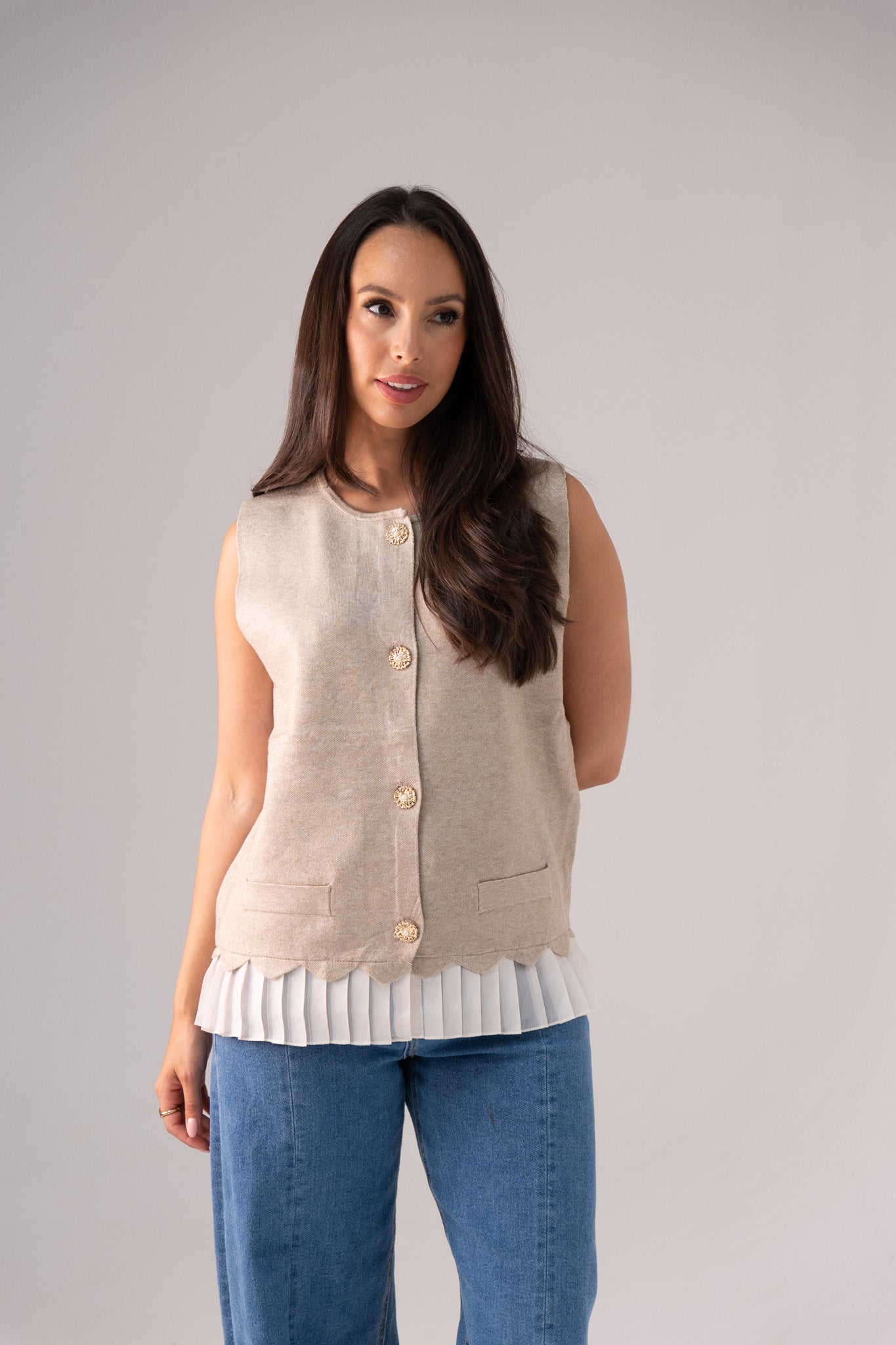 Ella Pleat Trim Waistcoat In Beige