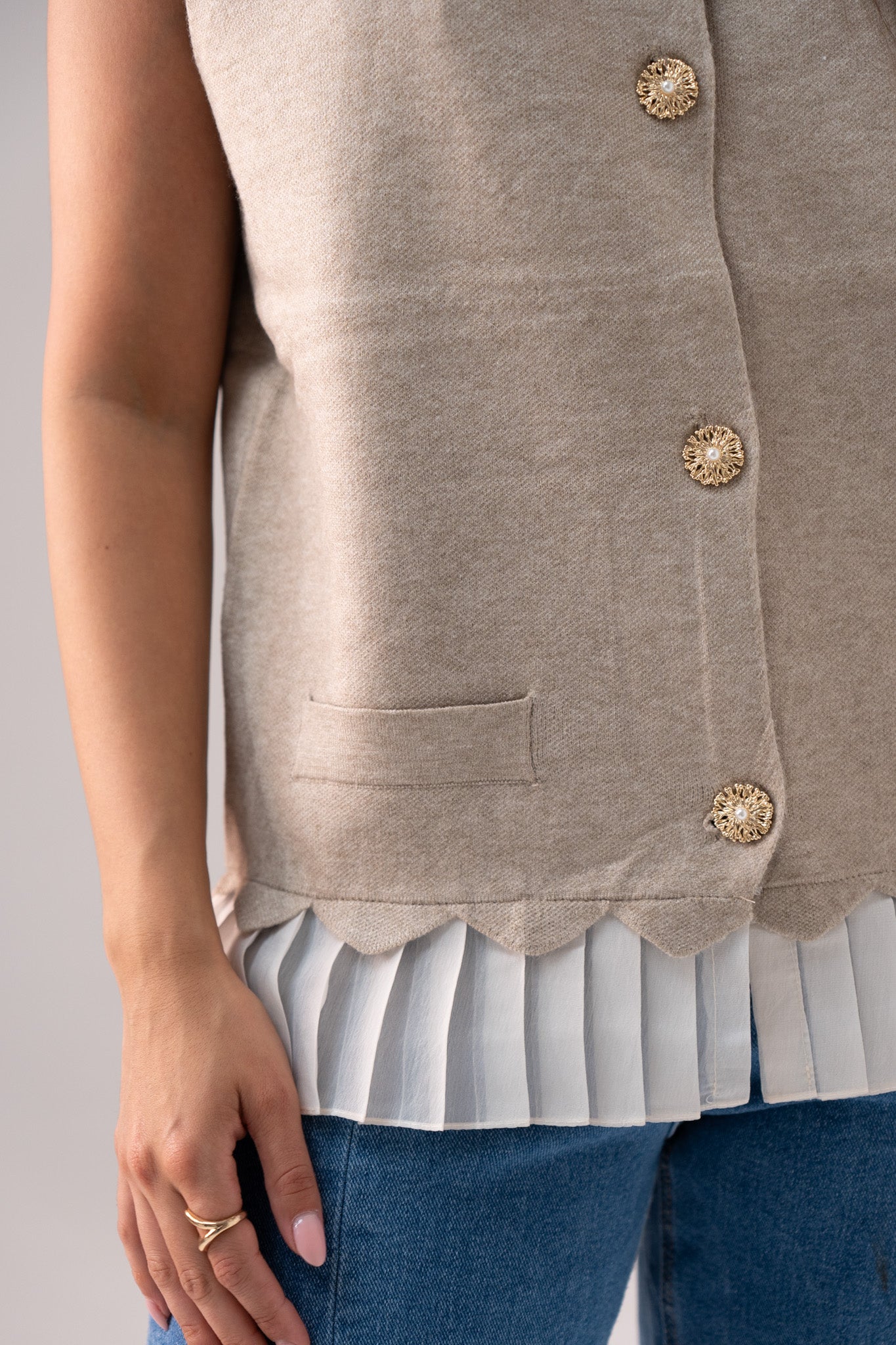 Ella Pleat Trim Waistcoat In Beige