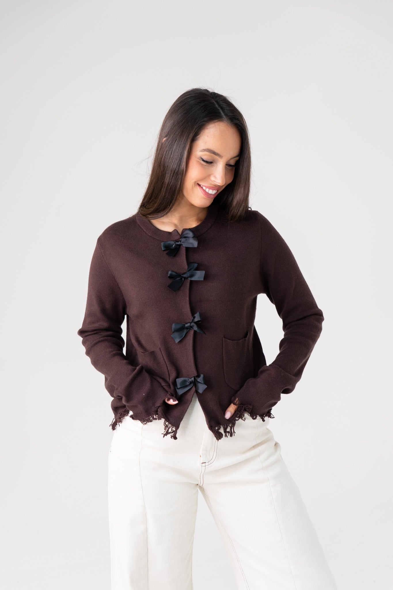 Elsa Bow Front Cardigan In Chocolate