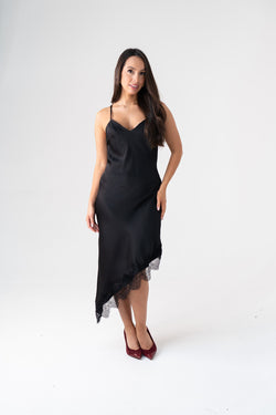 Ella Asymmetric Lace Trim Cami Dress In Black The Walk in Wardrobe Ella Asymmetric Lace Trim Cami Dress In Black The Walk in Wardrobe