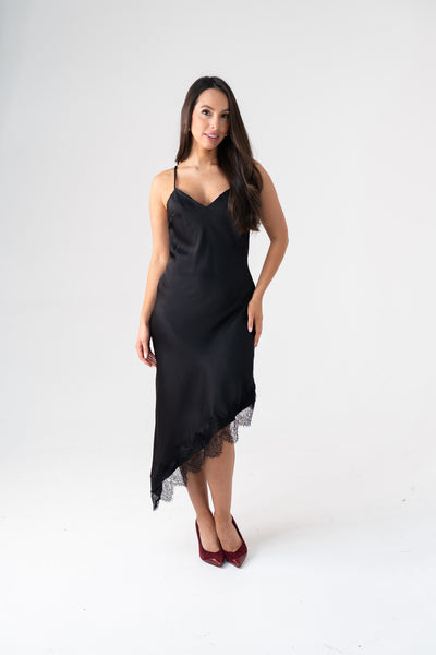 Ella Asymmetric Lace Trim Cami Dress In Black The Walk in Wardrobe Ella Asymmetric Lace Trim Cami Dress In Black The Walk in Wardrobe
