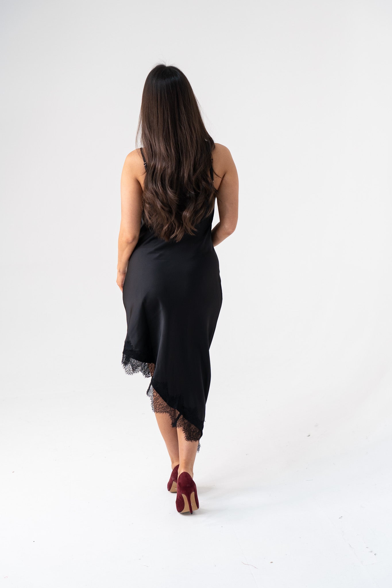 Ella Asymmetric Lace Trim Cami Dress In Black