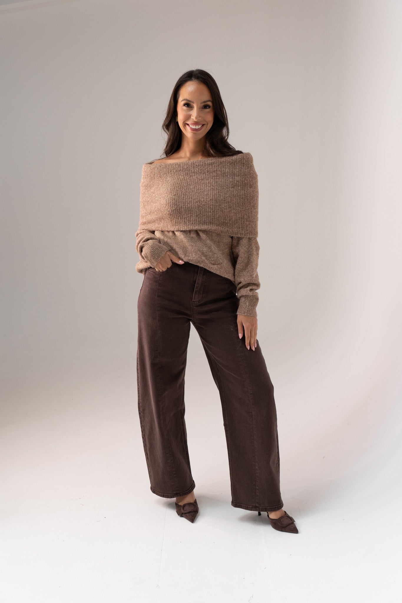 Elsa Bardot Jumper In Camel