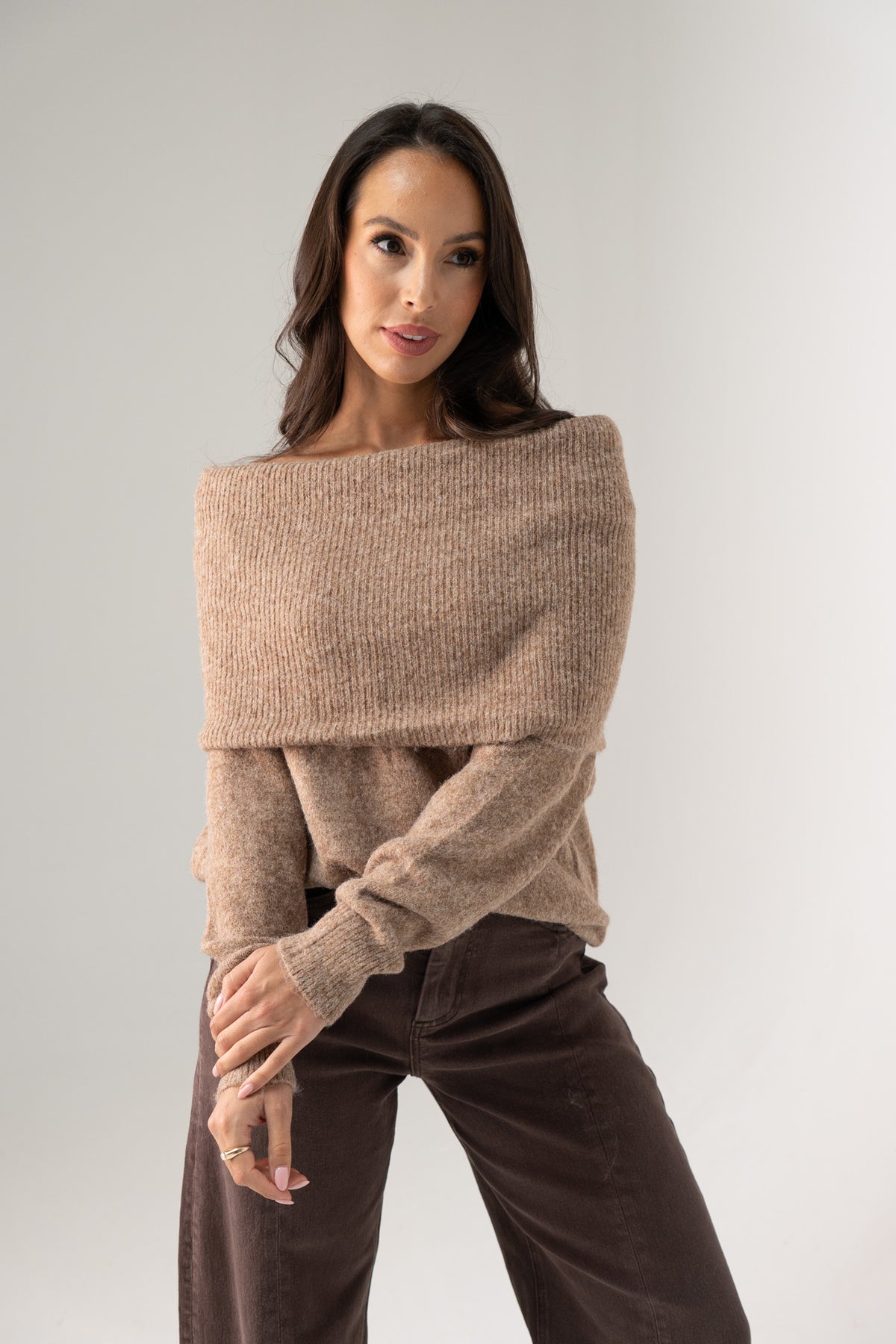Elsa Bardot Jumper In Camel