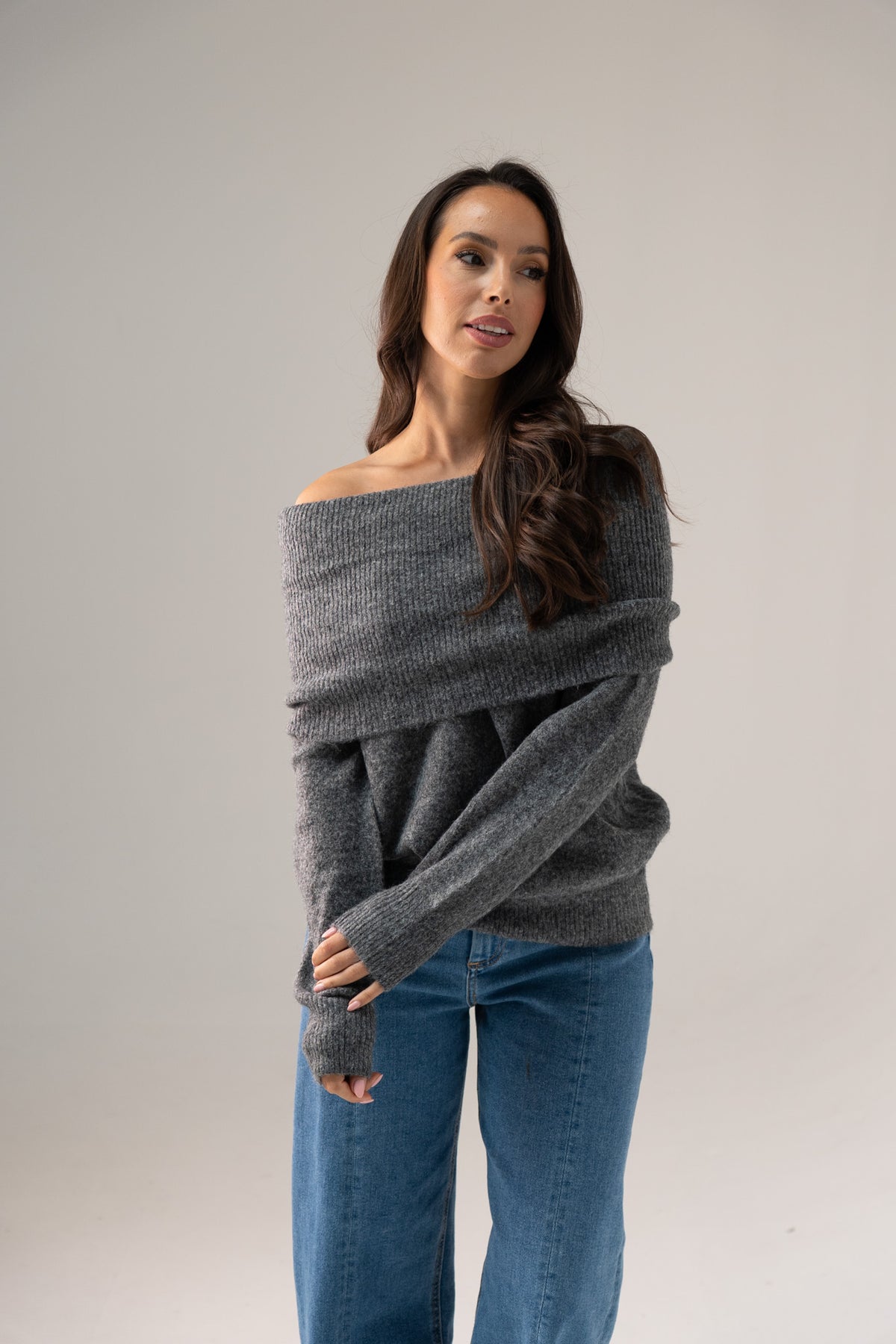 Elsa Bardot Jumper In Dark Grey