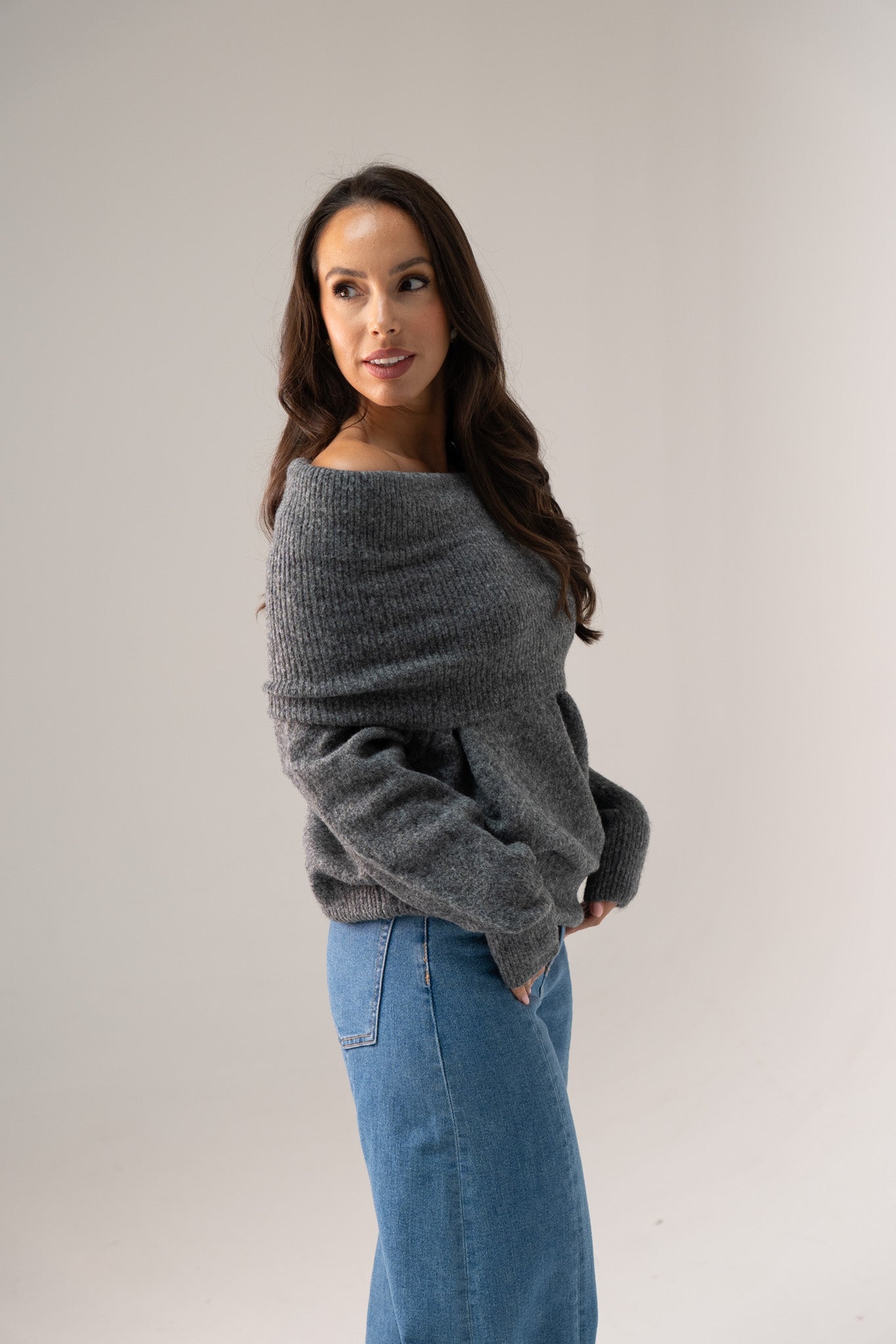 Elsa Bardot Jumper In Dark Grey