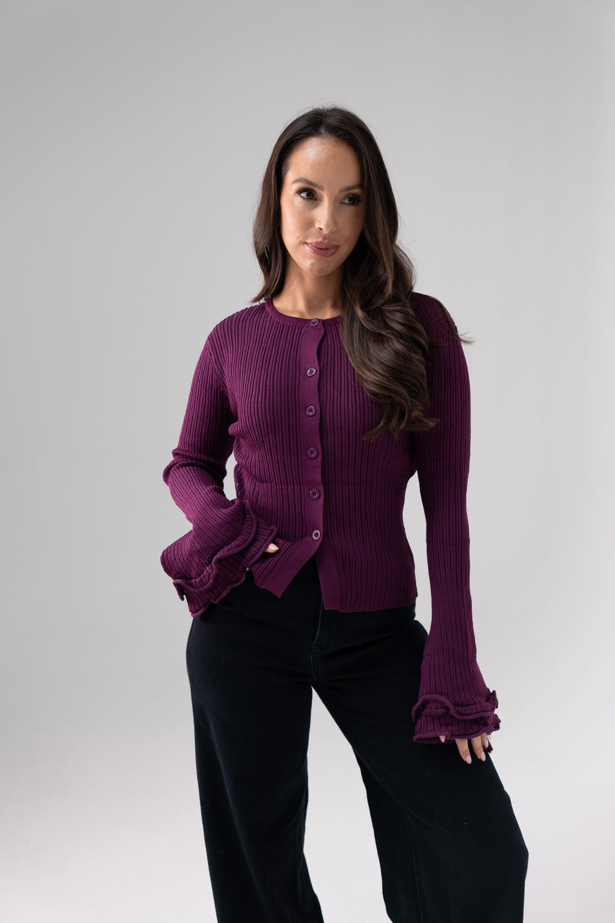 Elsa Bell Sleeve Cardigan In Plum