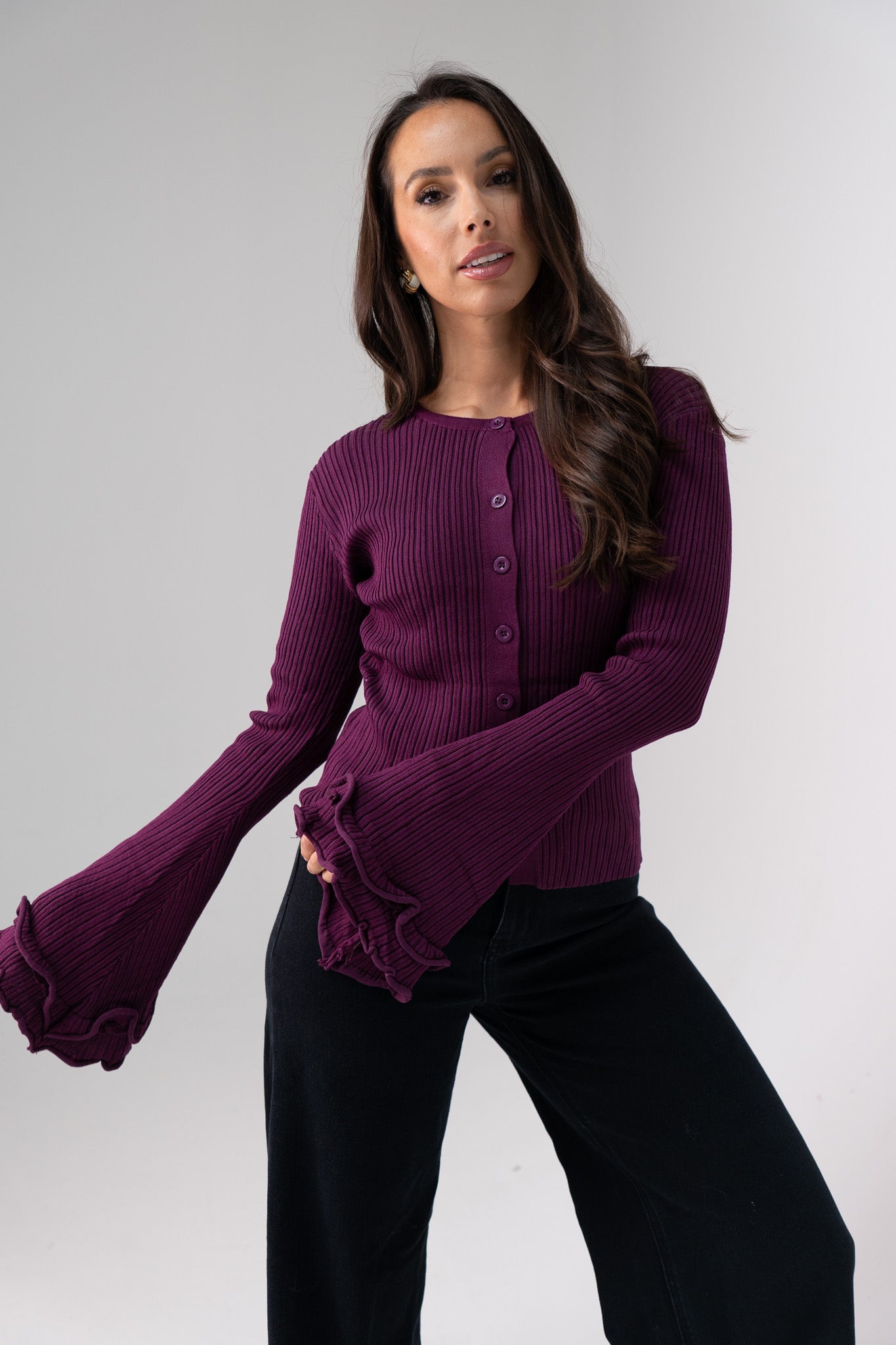 Elsa Bell Sleeve Cardigan In Plum
