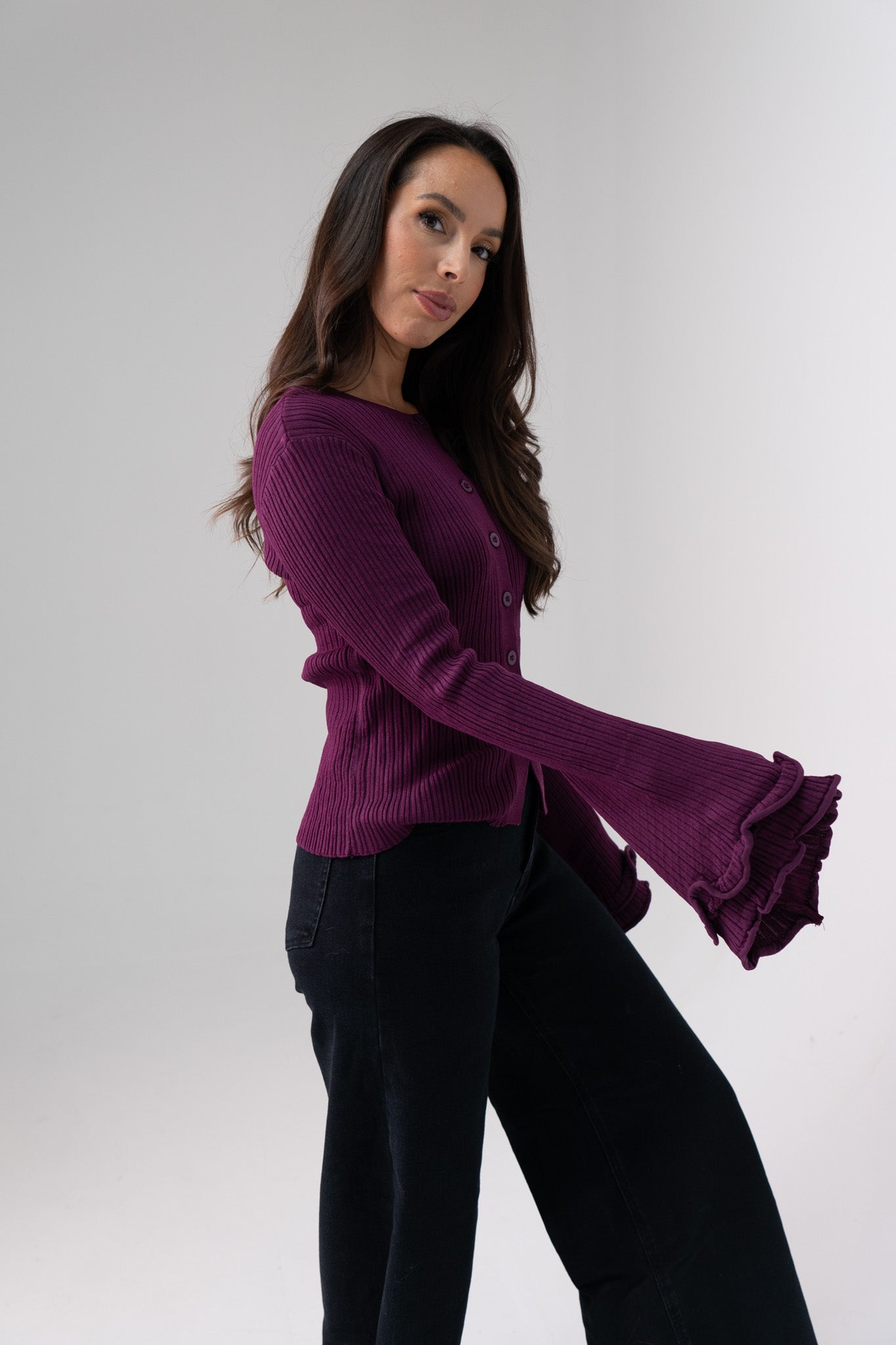 Elsa Bell Sleeve Cardigan In Plum