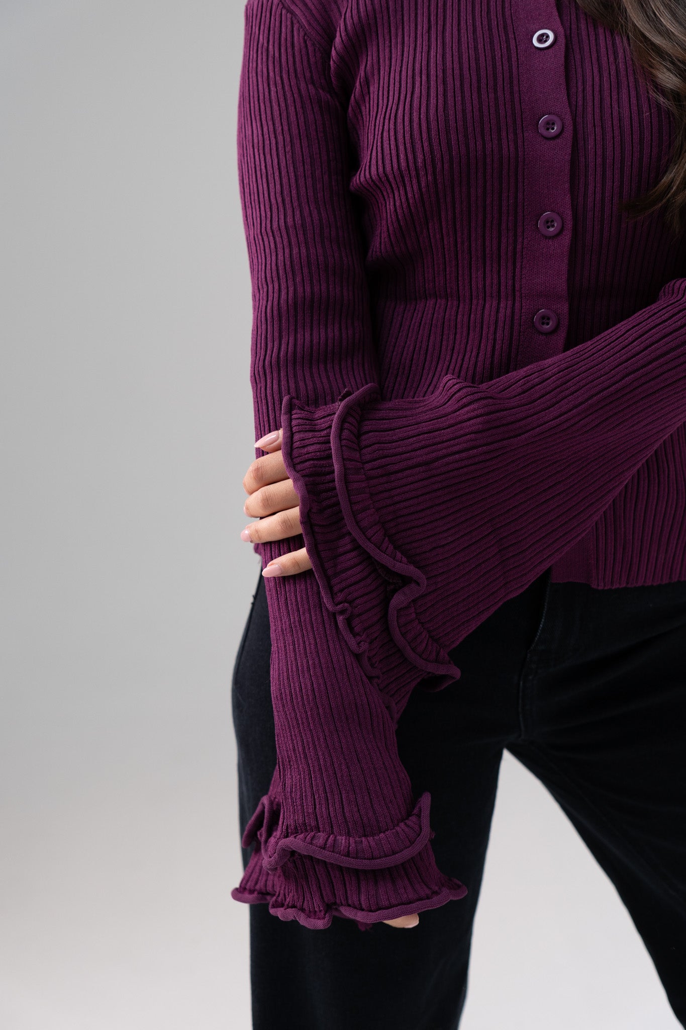 Elsa Bell Sleeve Cardigan In Plum