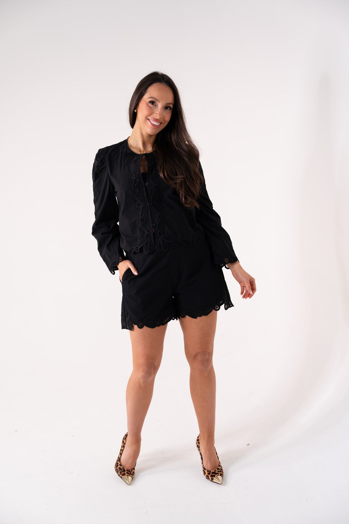 Elsa Embroidered Trim Shorts In Black