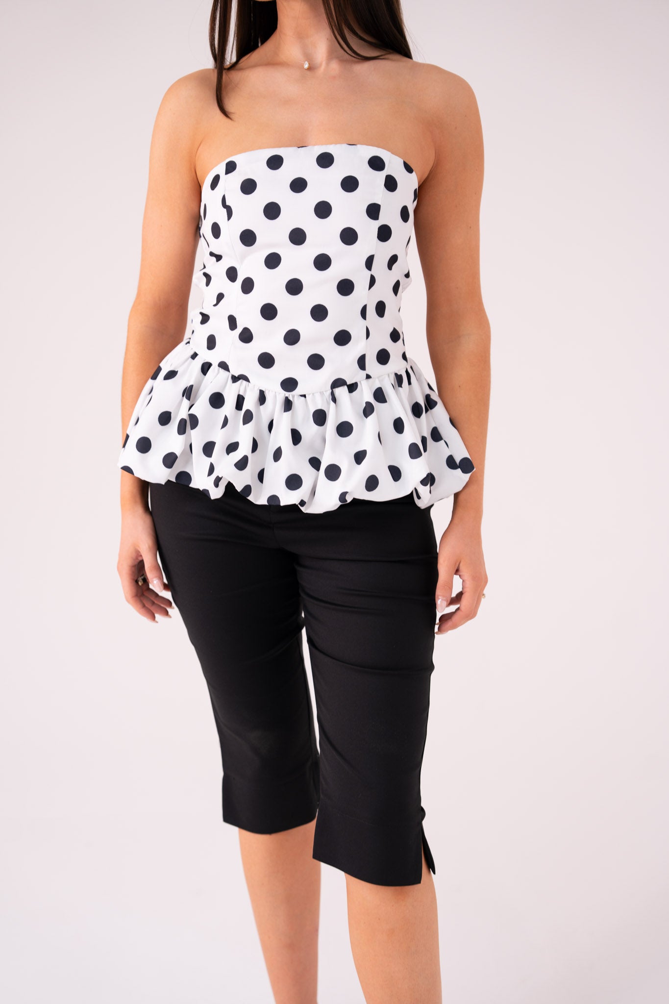 Elsa Polka Dot Strapless Top In Black