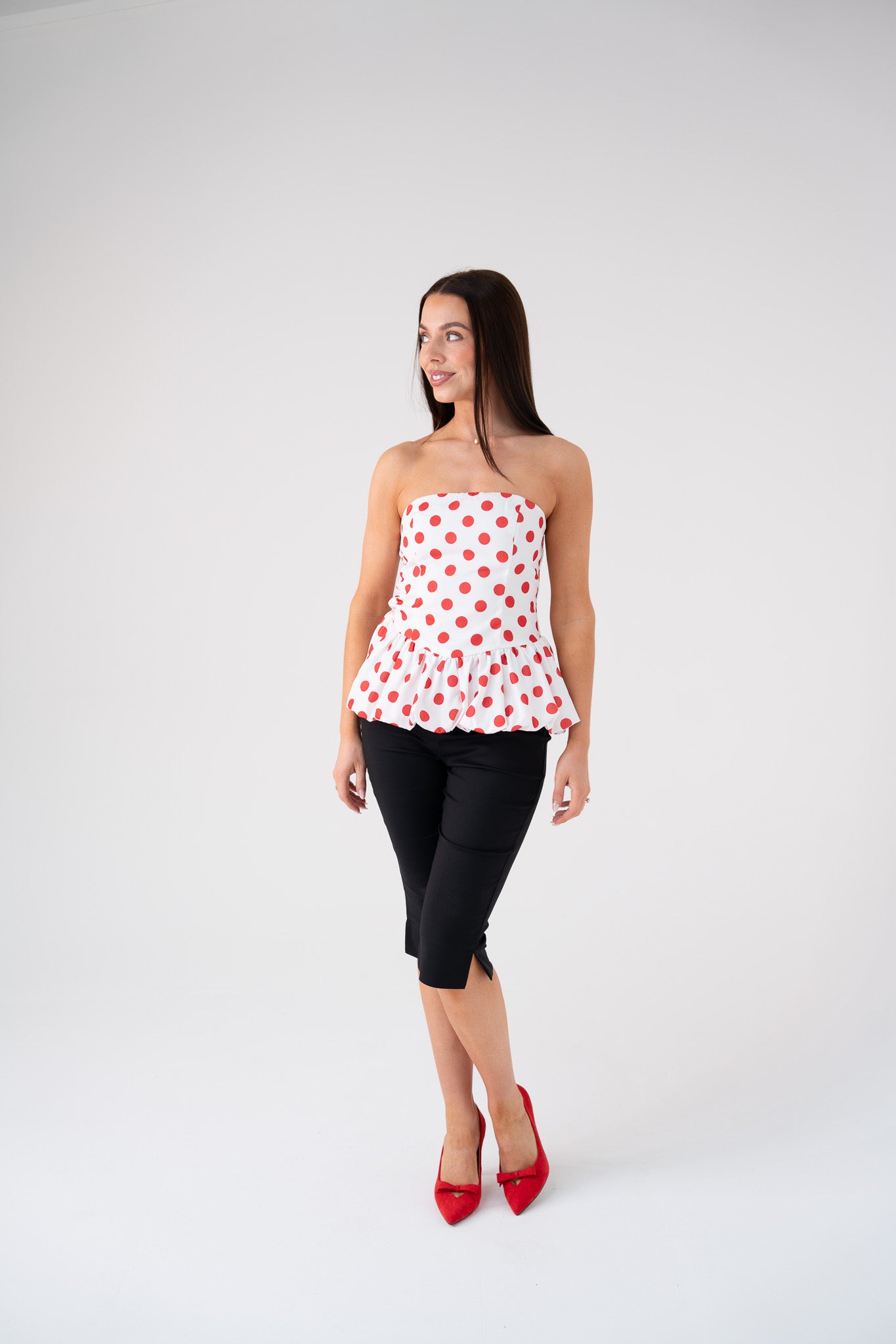 Elsa Polka Dot Strapless Top In Red