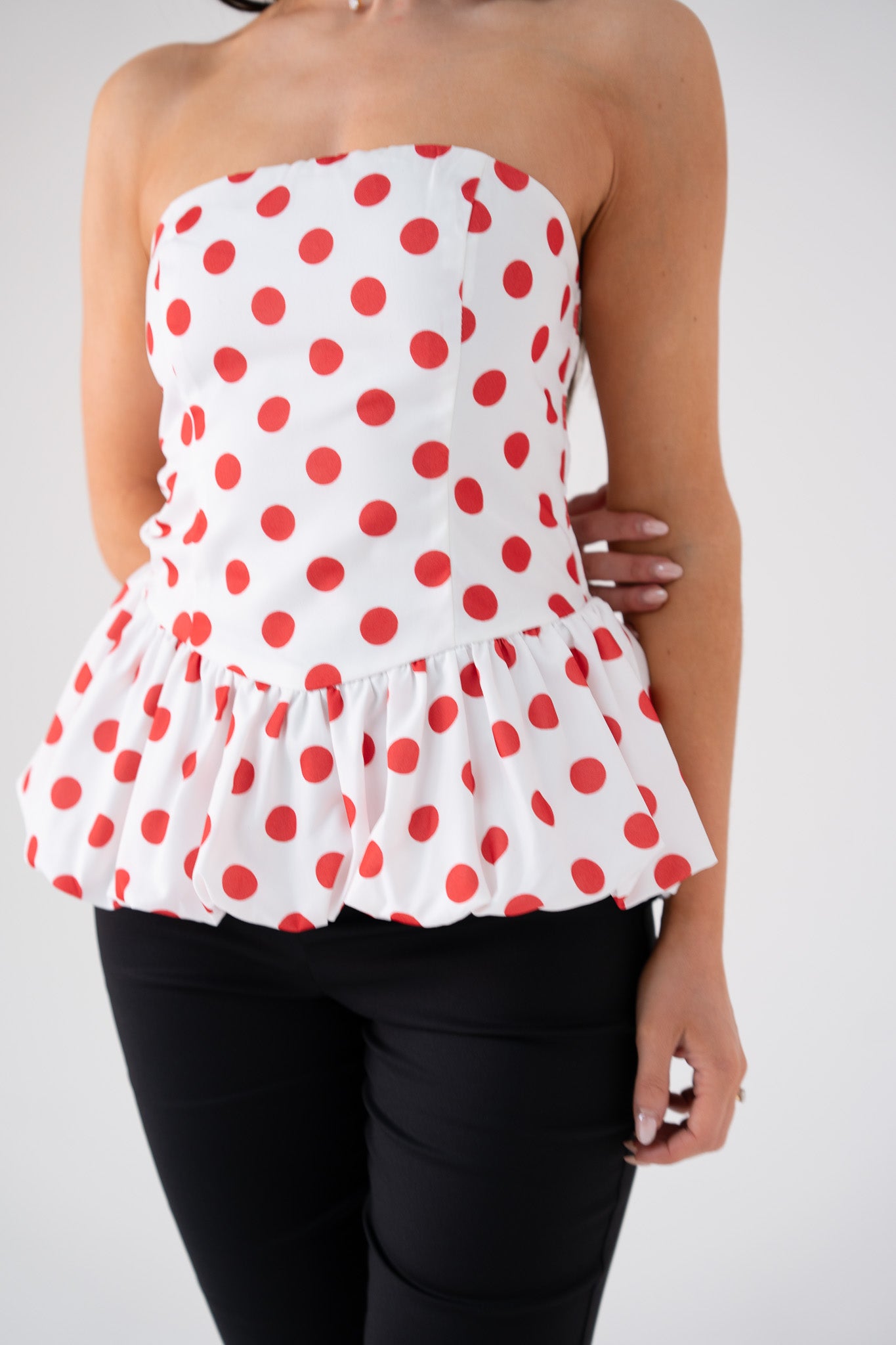 Elsa Polka Dot Strapless Top In Red