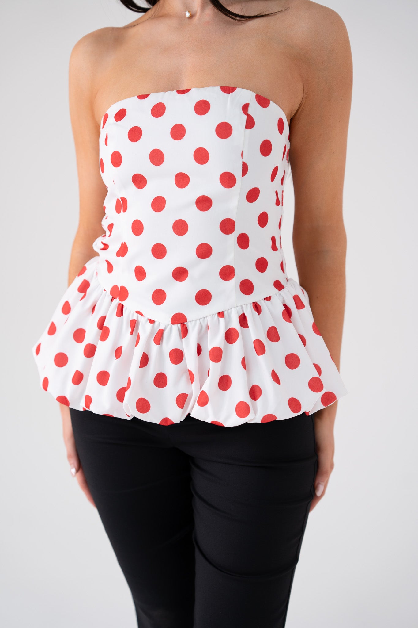 Elsa Polka Dot Strapless Top In Red