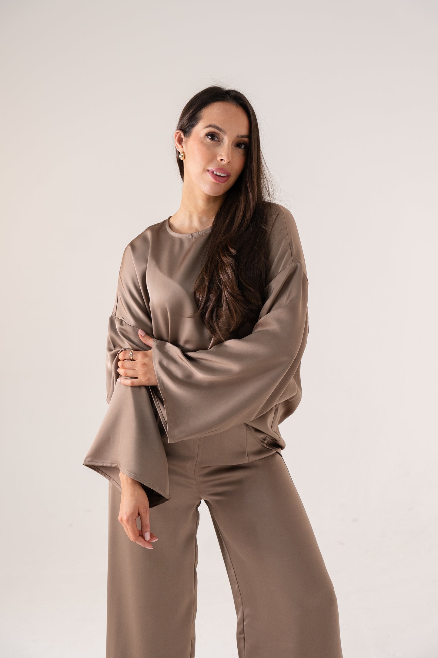 Elsa Satin Mix Top In Taupe