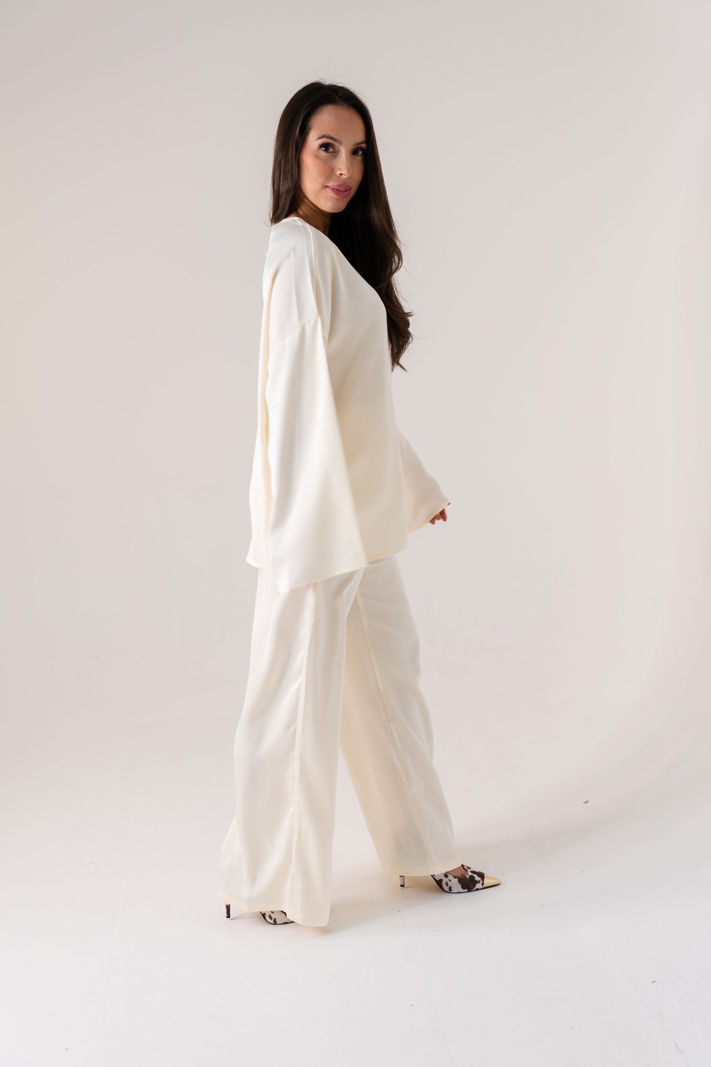 Elsa Satin Mix Trousers In Ivory