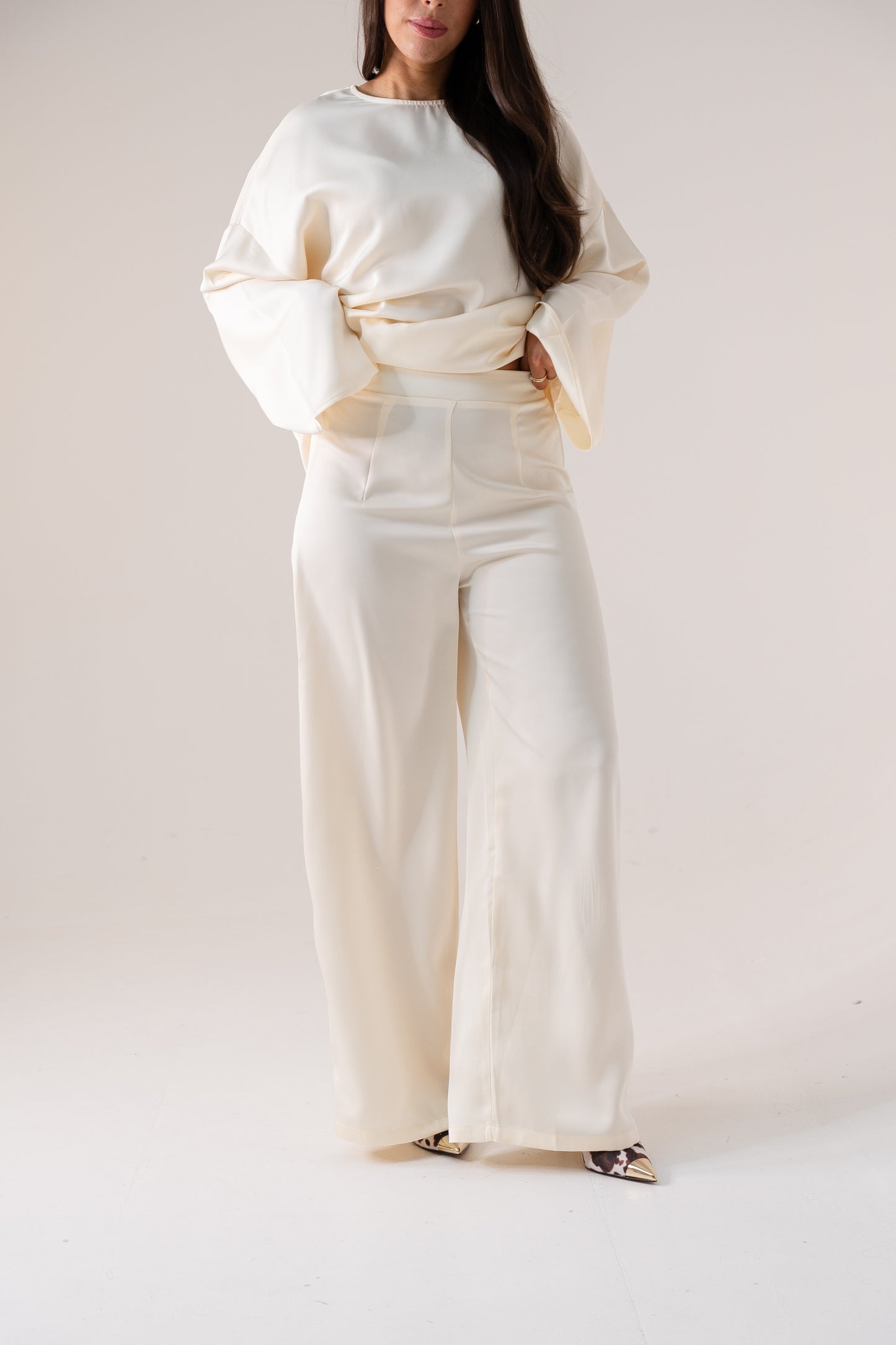 Elsa Satin Mix Trousers In Ivory