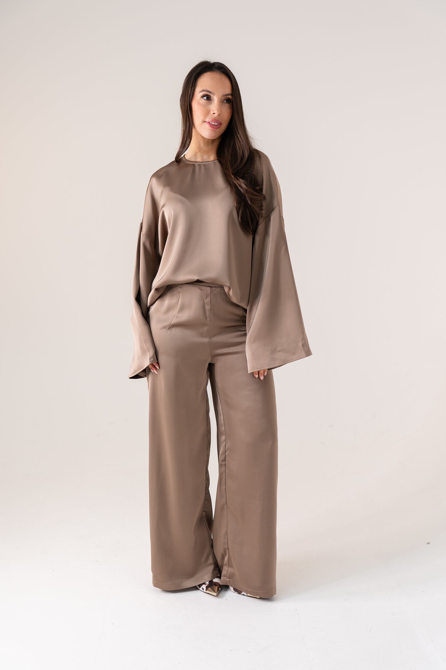 Elsa Satin Mix Trousers In Taupe