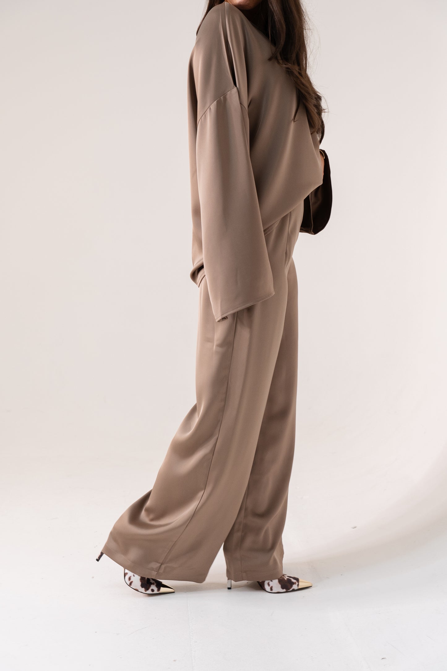 Elsa Satin Mix Trousers In Taupe