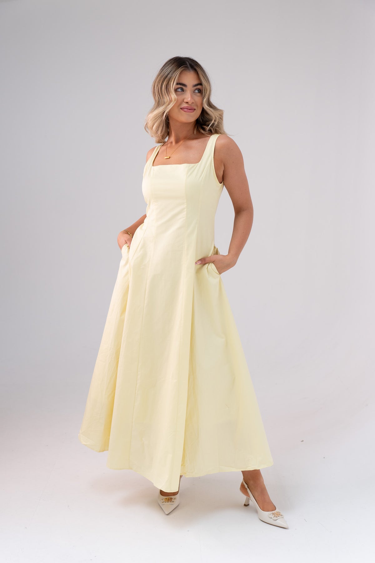 Elsa Square Neck Cotton Dress In Lemon