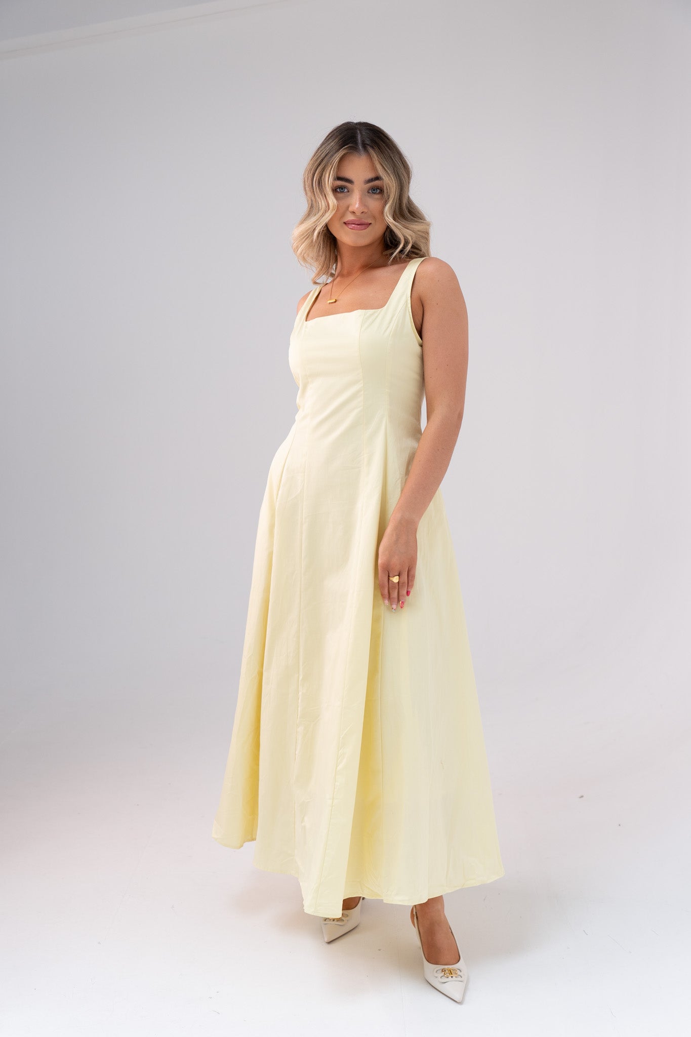 Elsa Square Neck Cotton Dress In Lemon