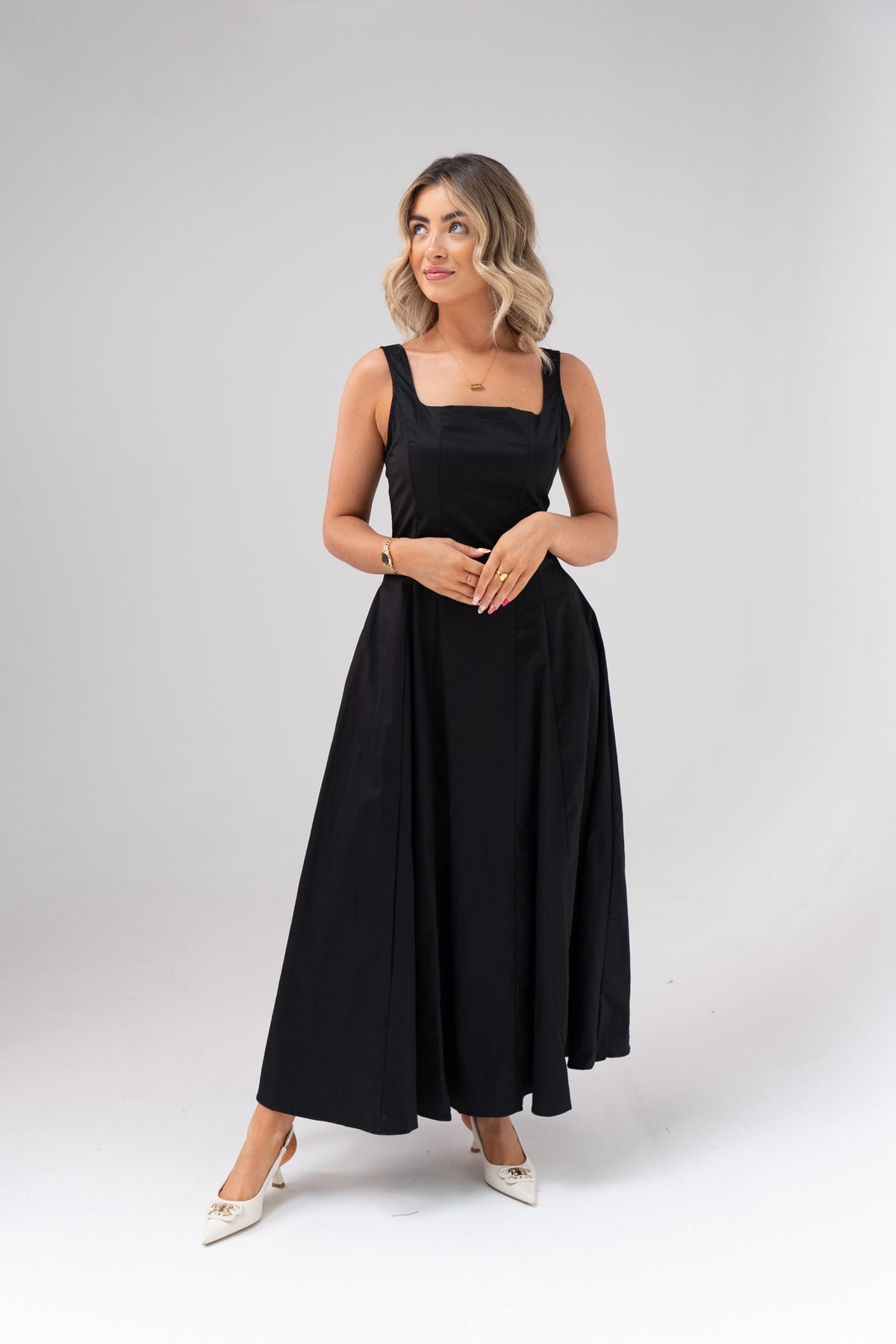 Elsa Square Neck Cotton Dress In Black