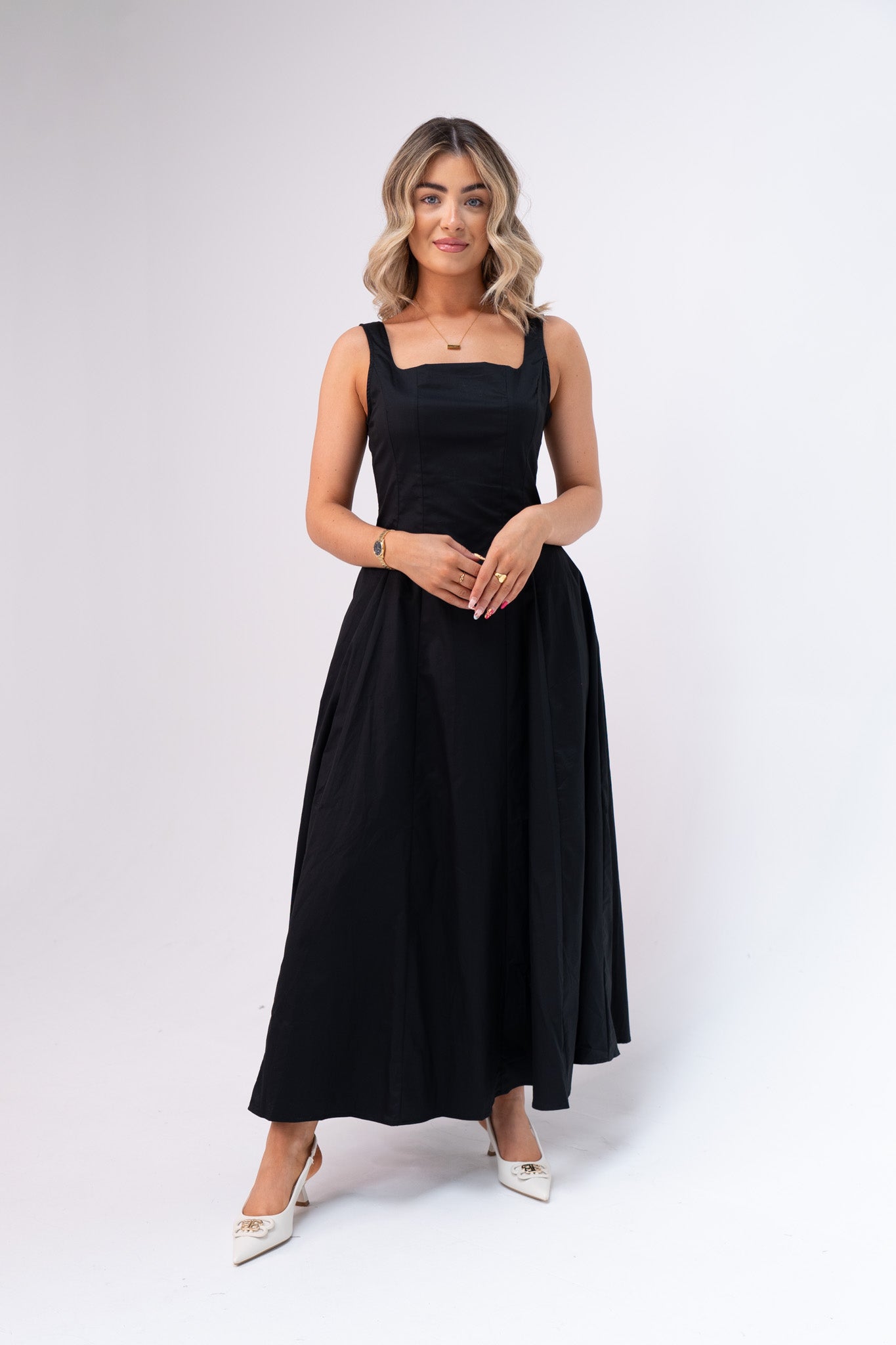 Elsa Square Neck Cotton Dress In Black