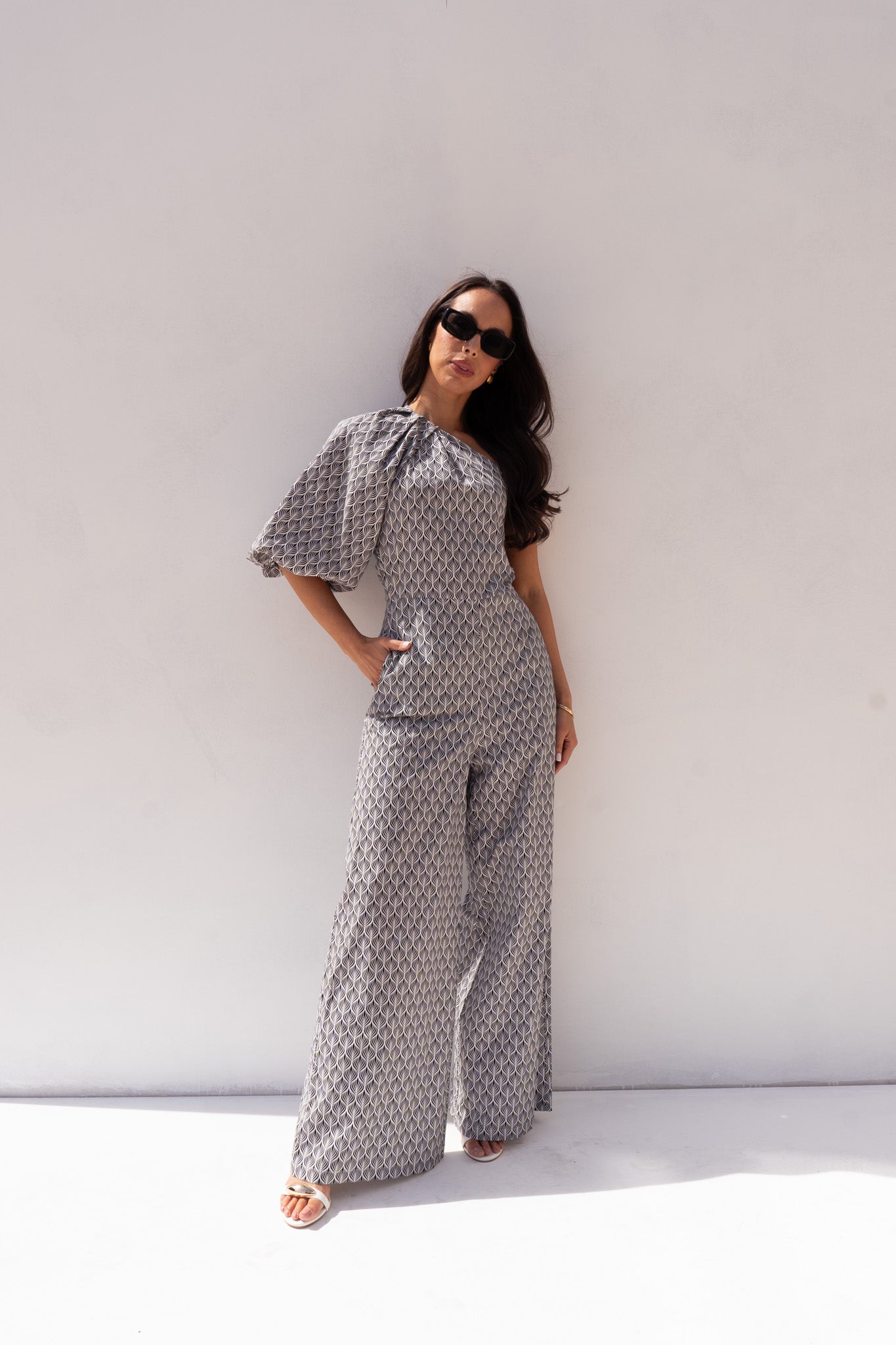 Eva One Shoulder Jumpsuit In Monochrome Print