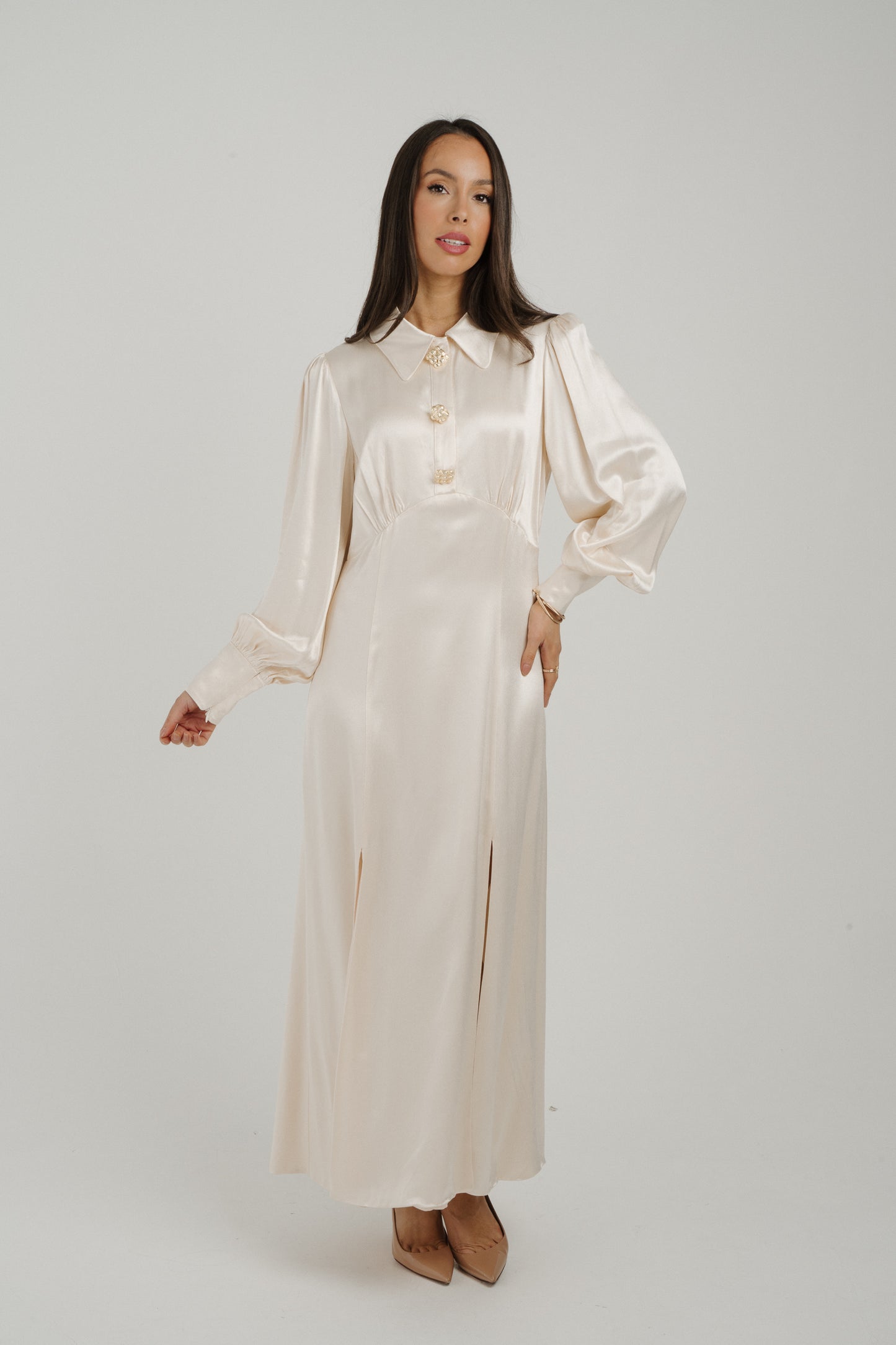 Eva Satin Mix Collared Dress In Cream