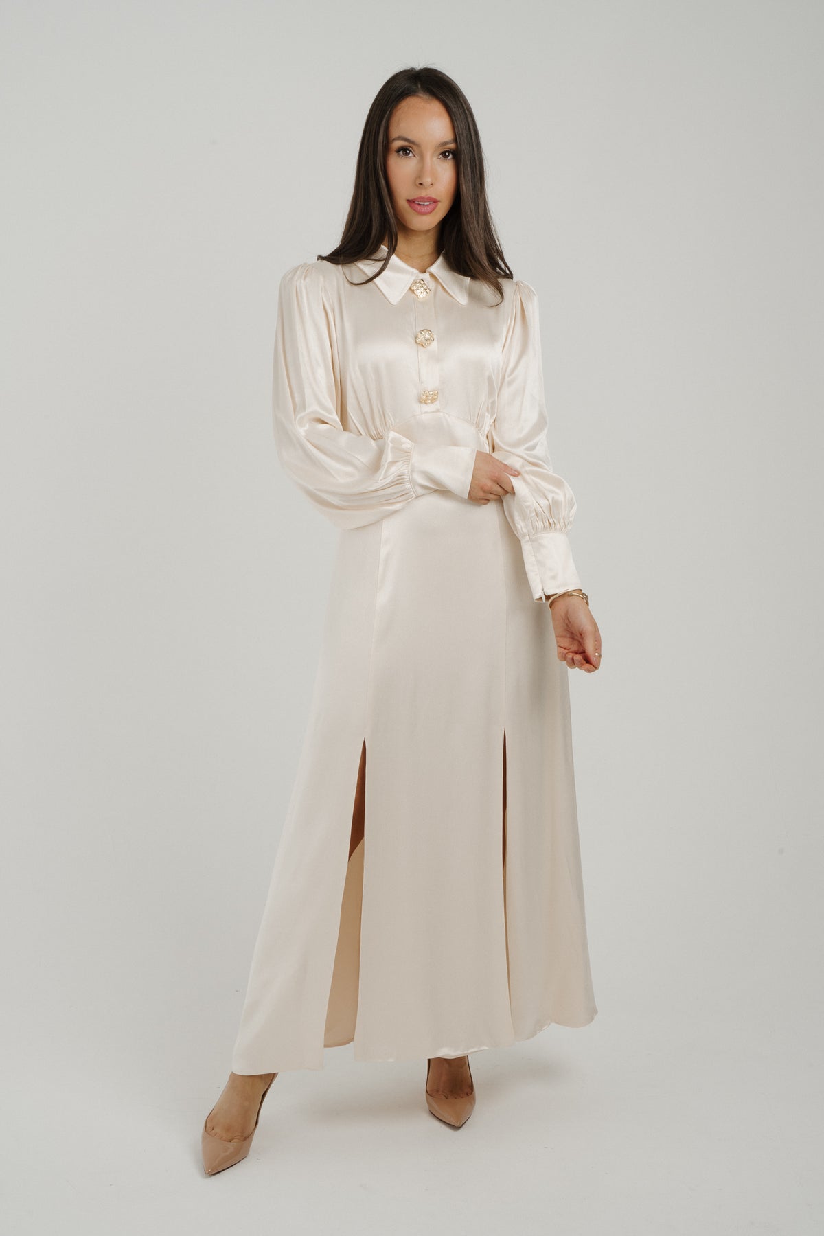 Eva Satin Mix Collared Dress In Cream