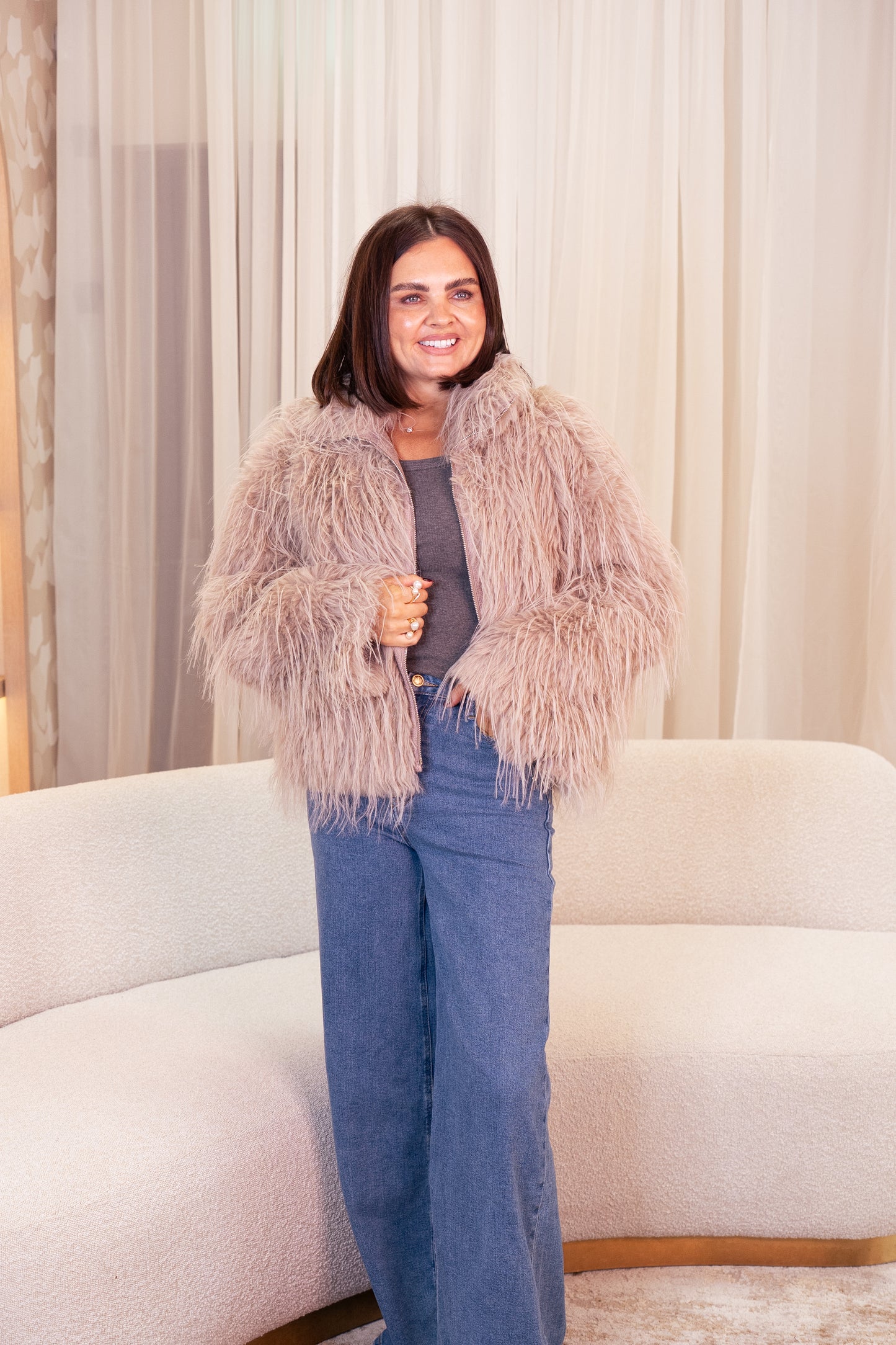 Love Laura Textured Faux Fur Coat In Taupe