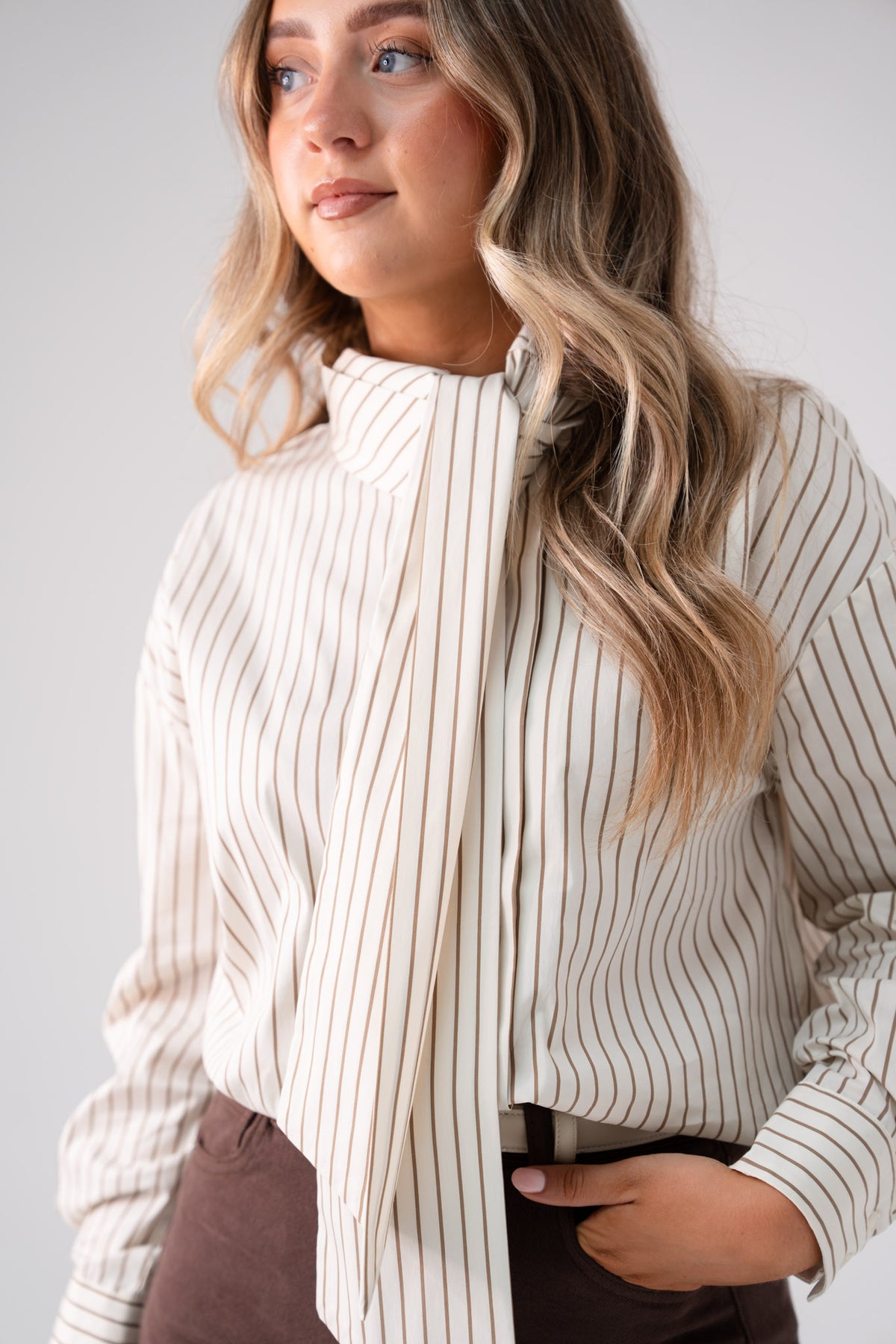 Love Laura Pinstripe Bow Blouse In Nude