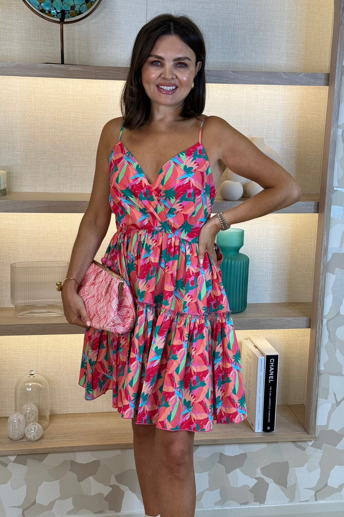 Becca Tiered Dress In Coral Print