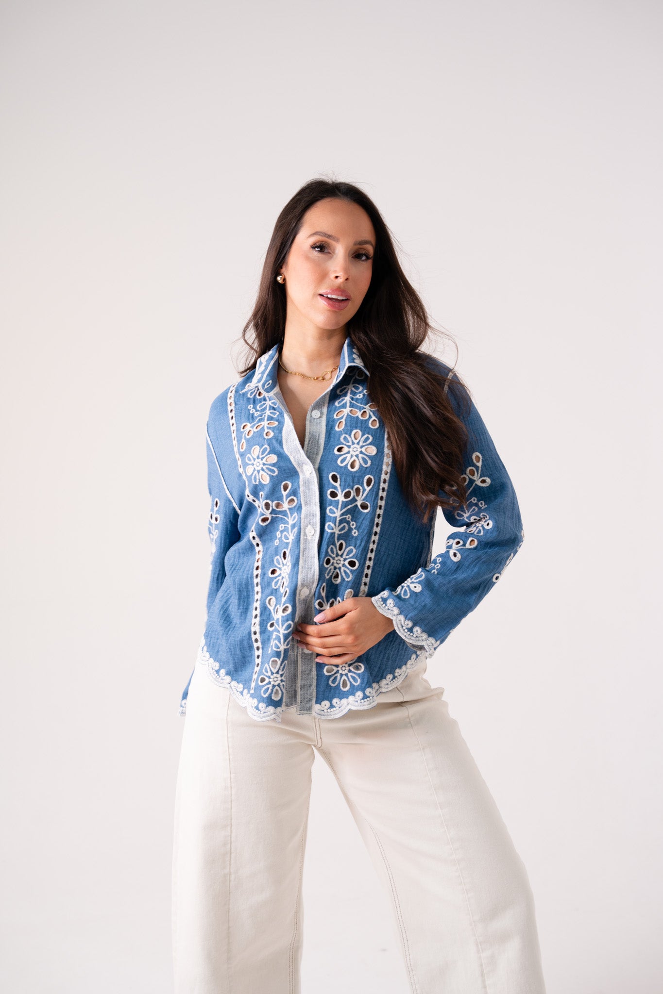 Hayley Cream Embroidered Shirt In Blue